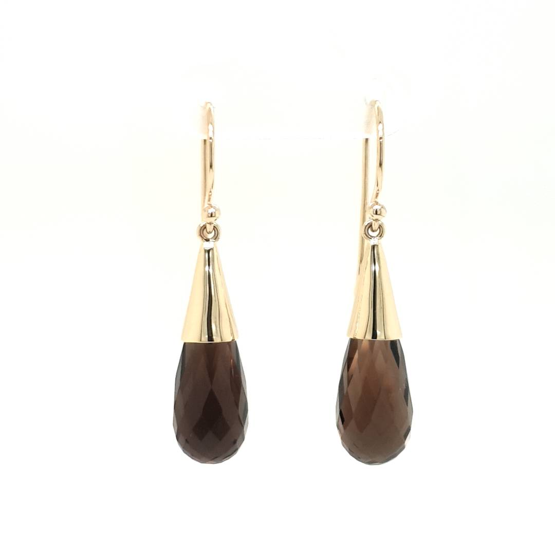 9ct Yellow Gold Briolette Smokey Quartz Drop Earrings