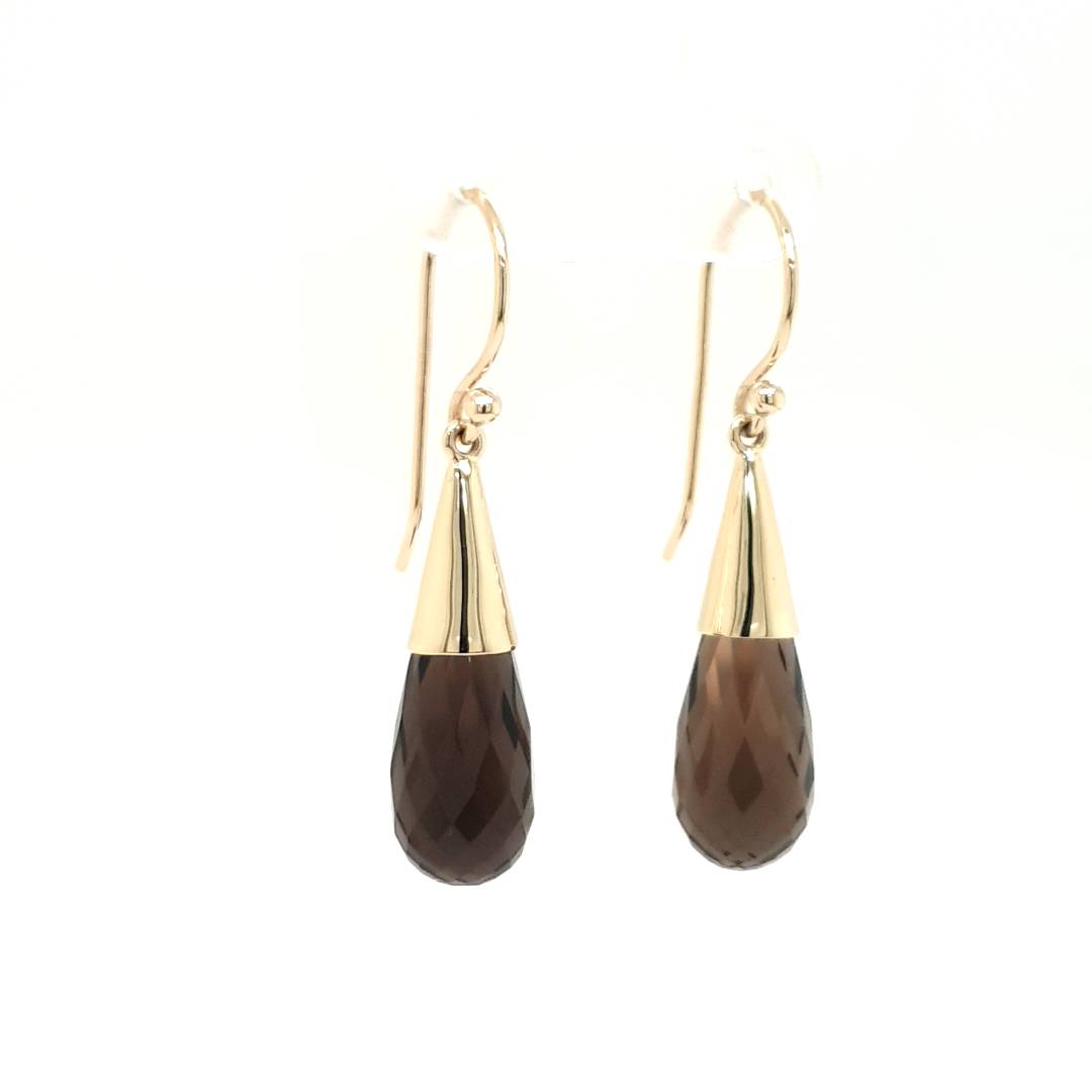 9ct Yellow Gold Briolette Smokey Quartz Drop Earrings
