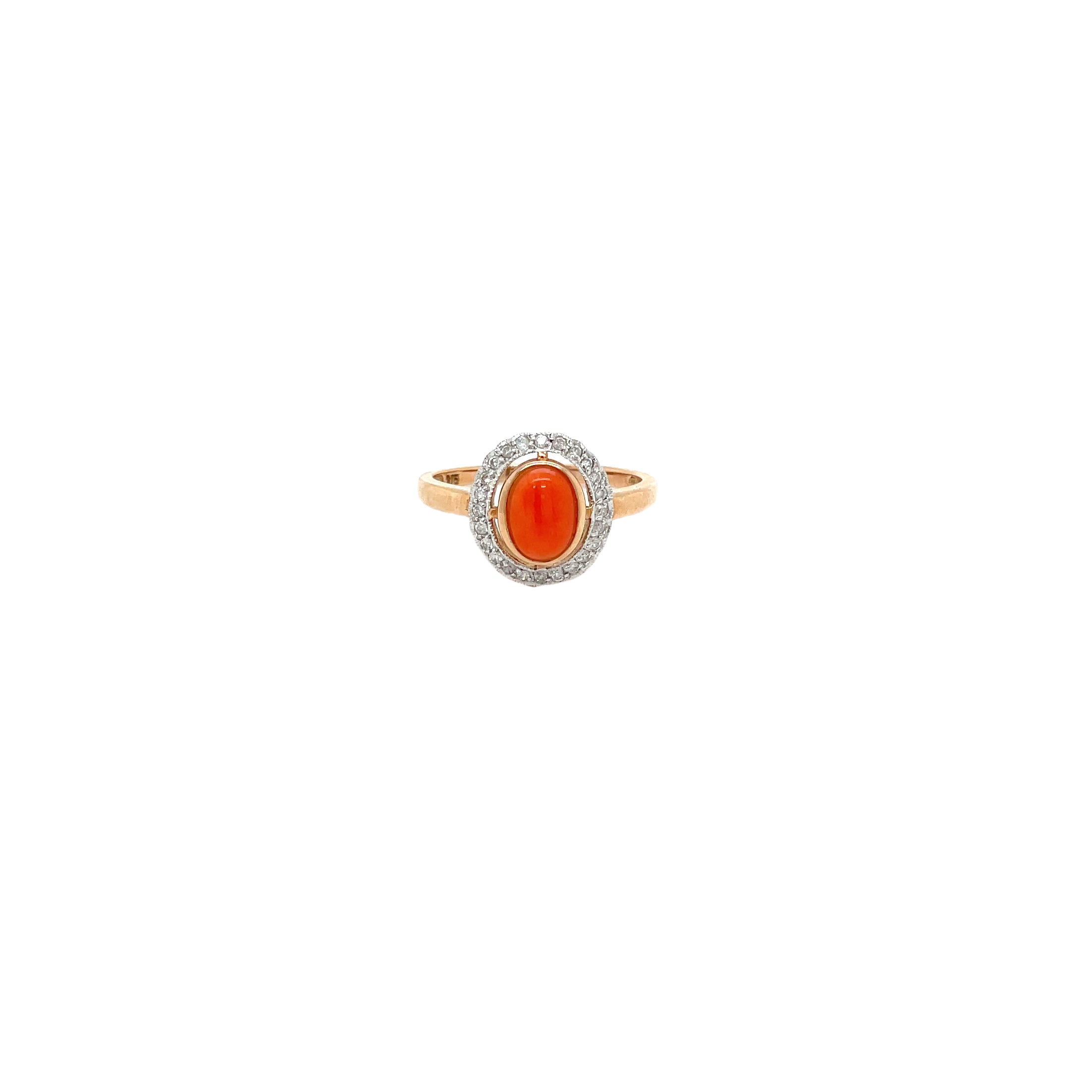 9ct Rose Gold Oval Coral and Diamond Halo Dress Ring
