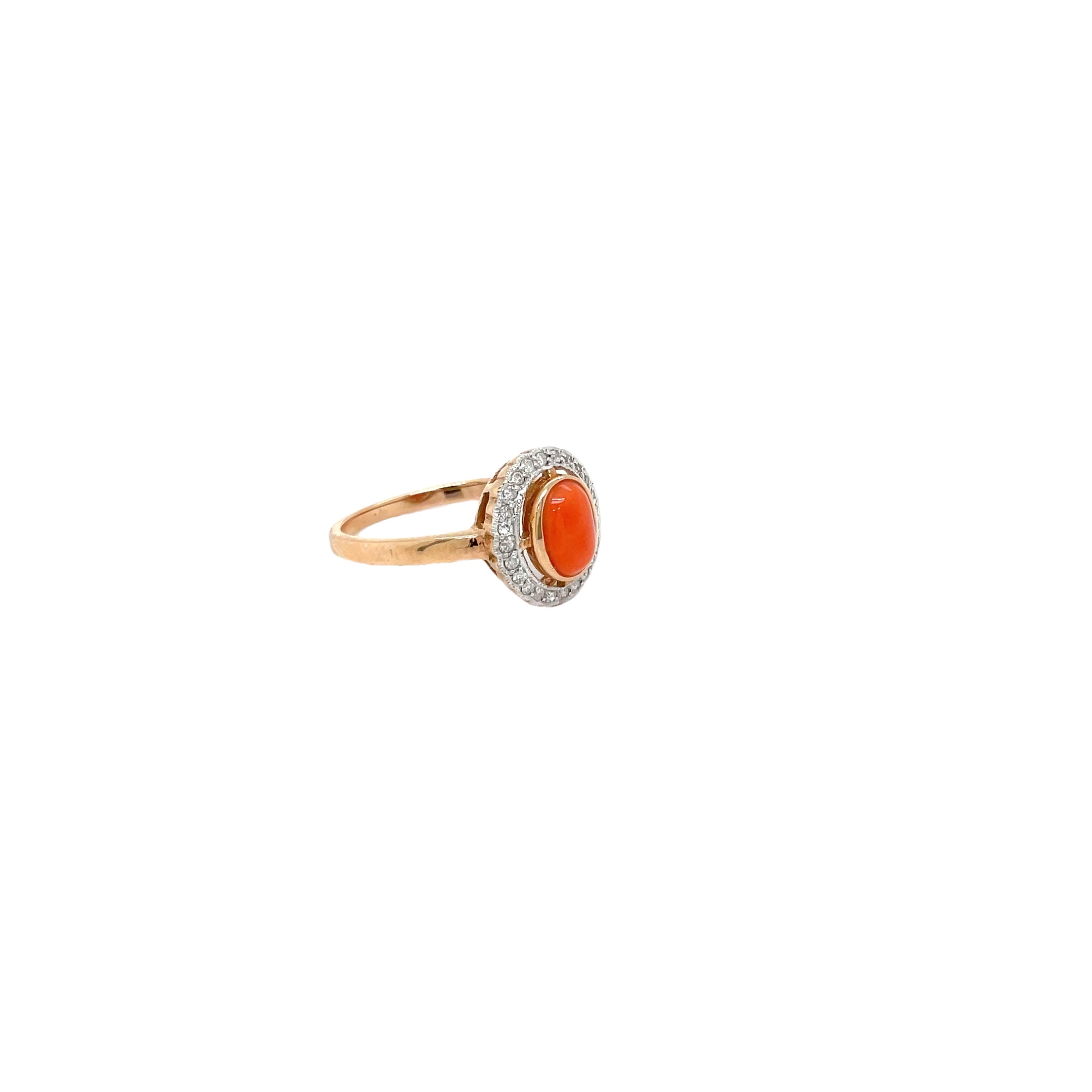 9ct Rose Gold Oval Coral and Diamond Halo Dress Ring