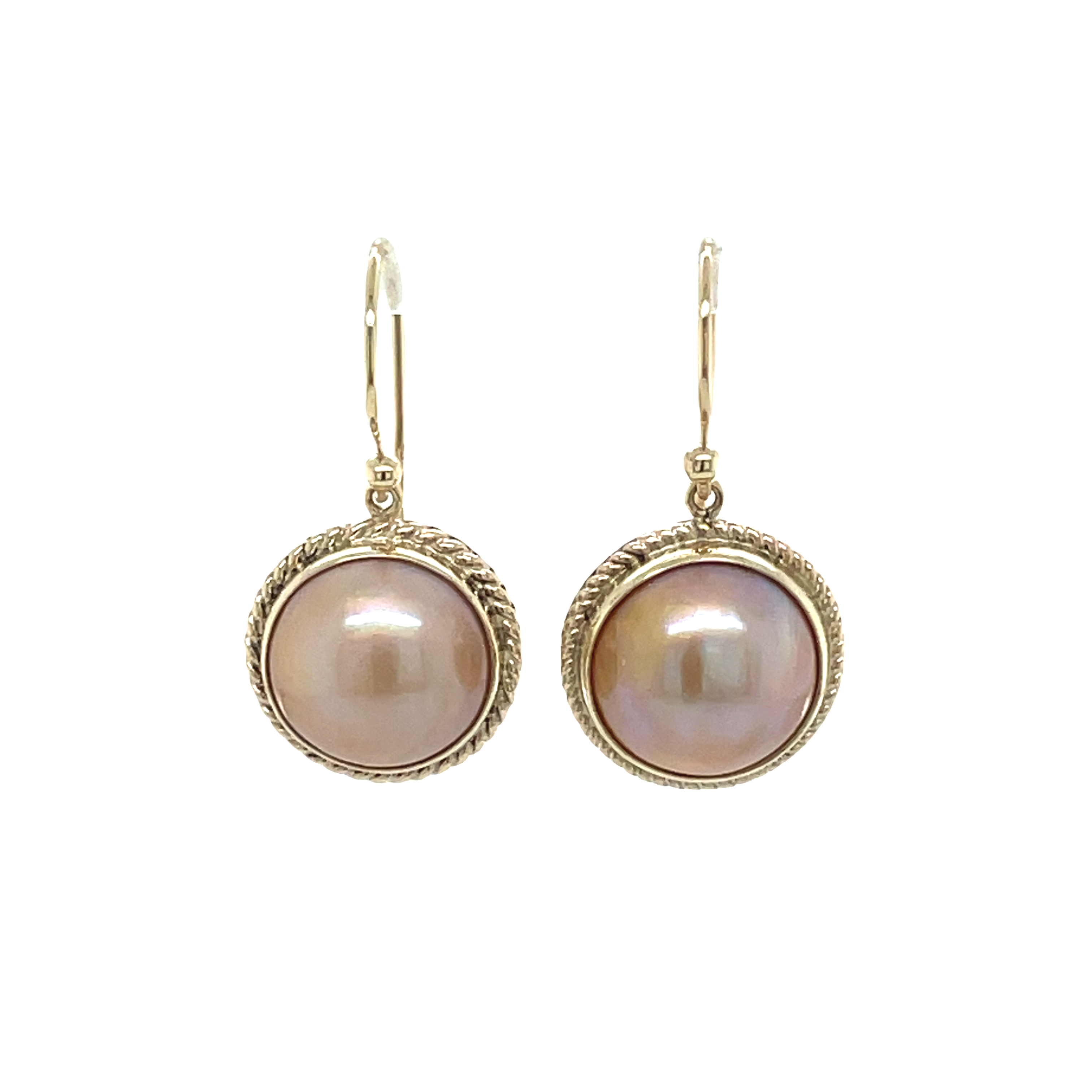 9ct Yellow Gold Round Peach Mabe Pearl Drop Earrings