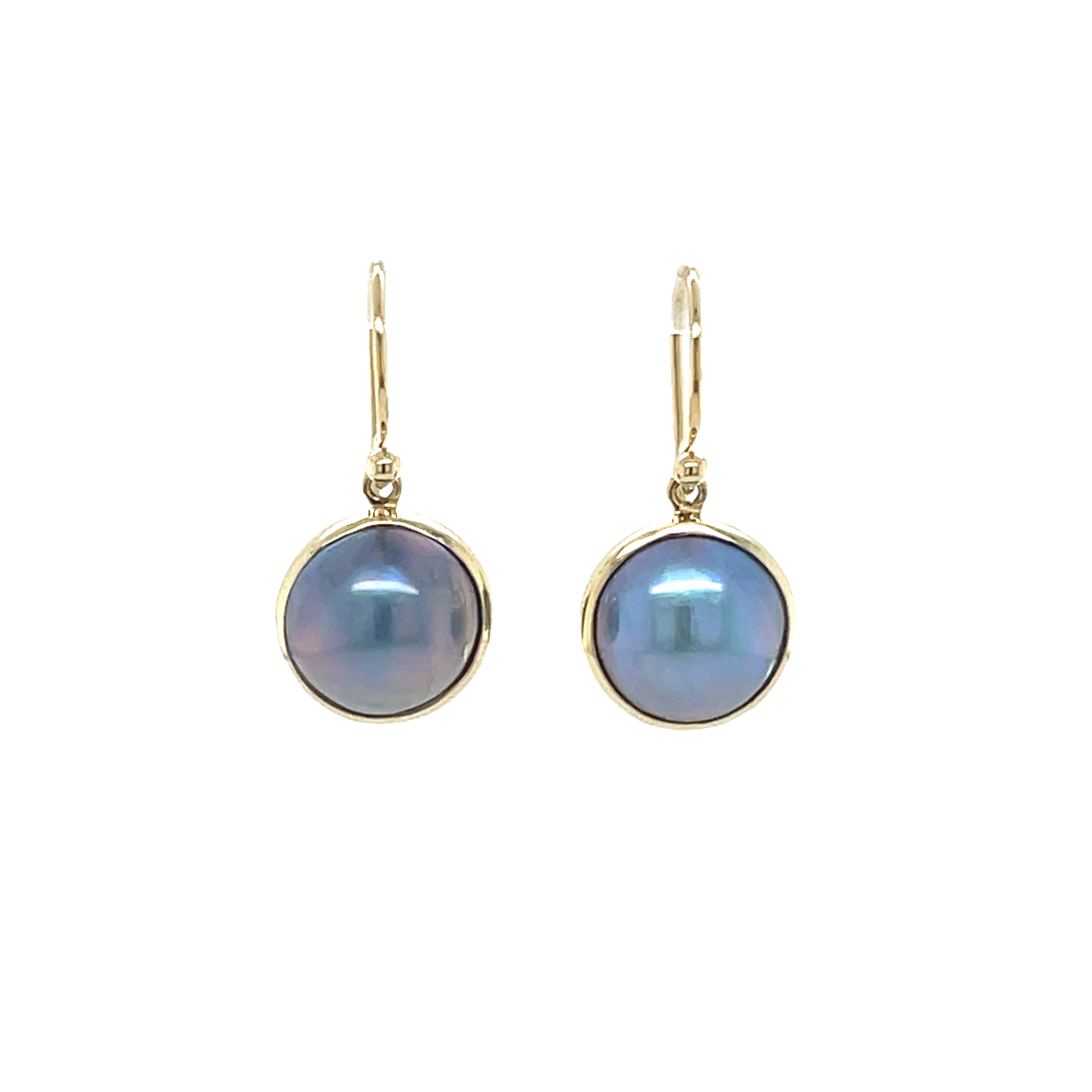 9ct Yellow Gold Round Grey Mabe Pearl Drop Earrings