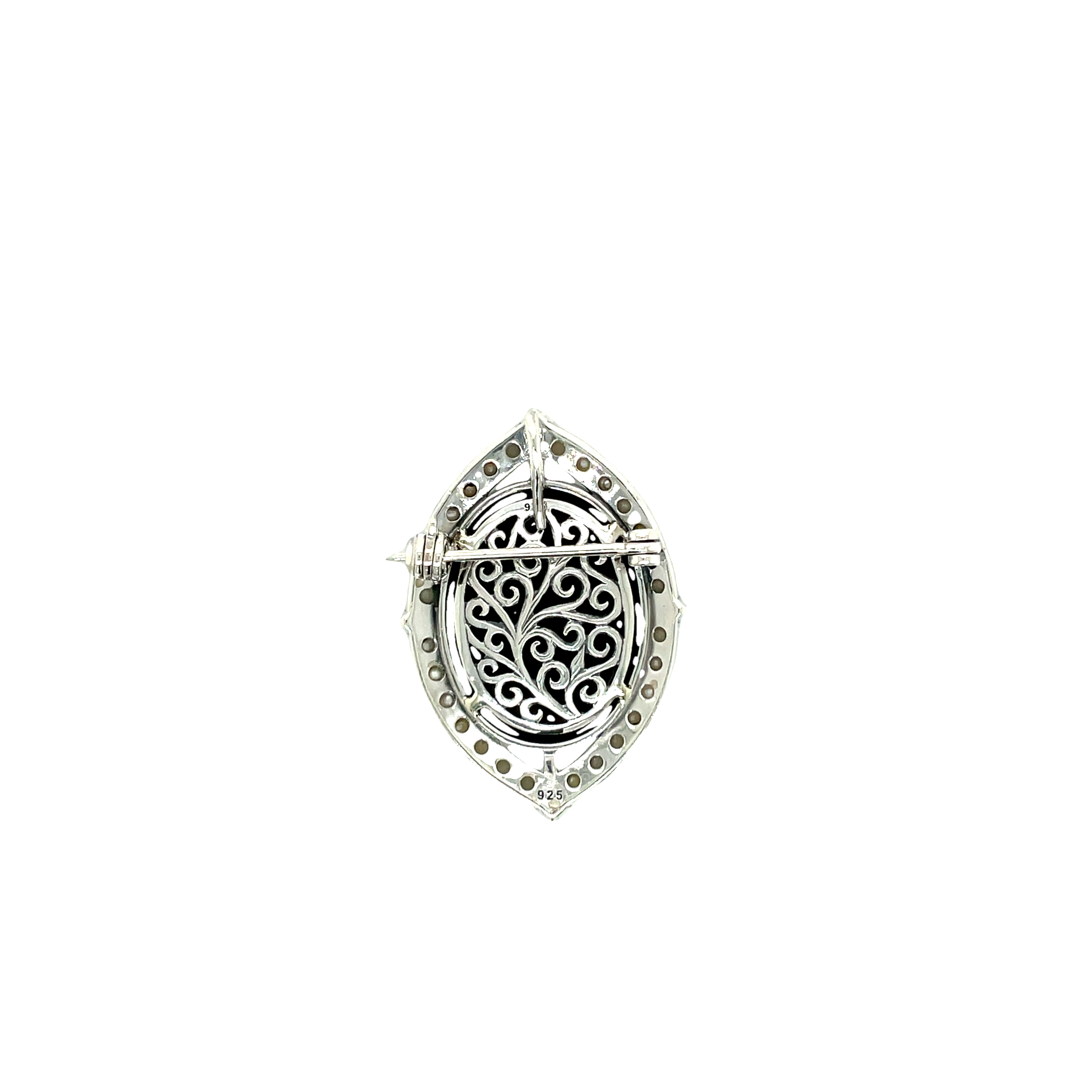 Sterling Silver Onyx, Marcasite and FW Pearl Brooch/Pendant