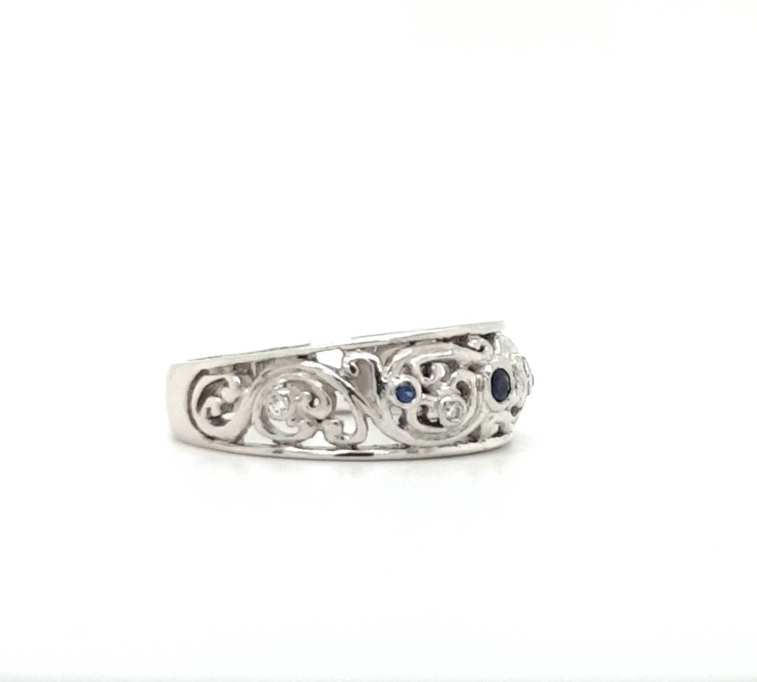 9ct White Gold Custom Made Sapphire and Diamond Scroll Ring