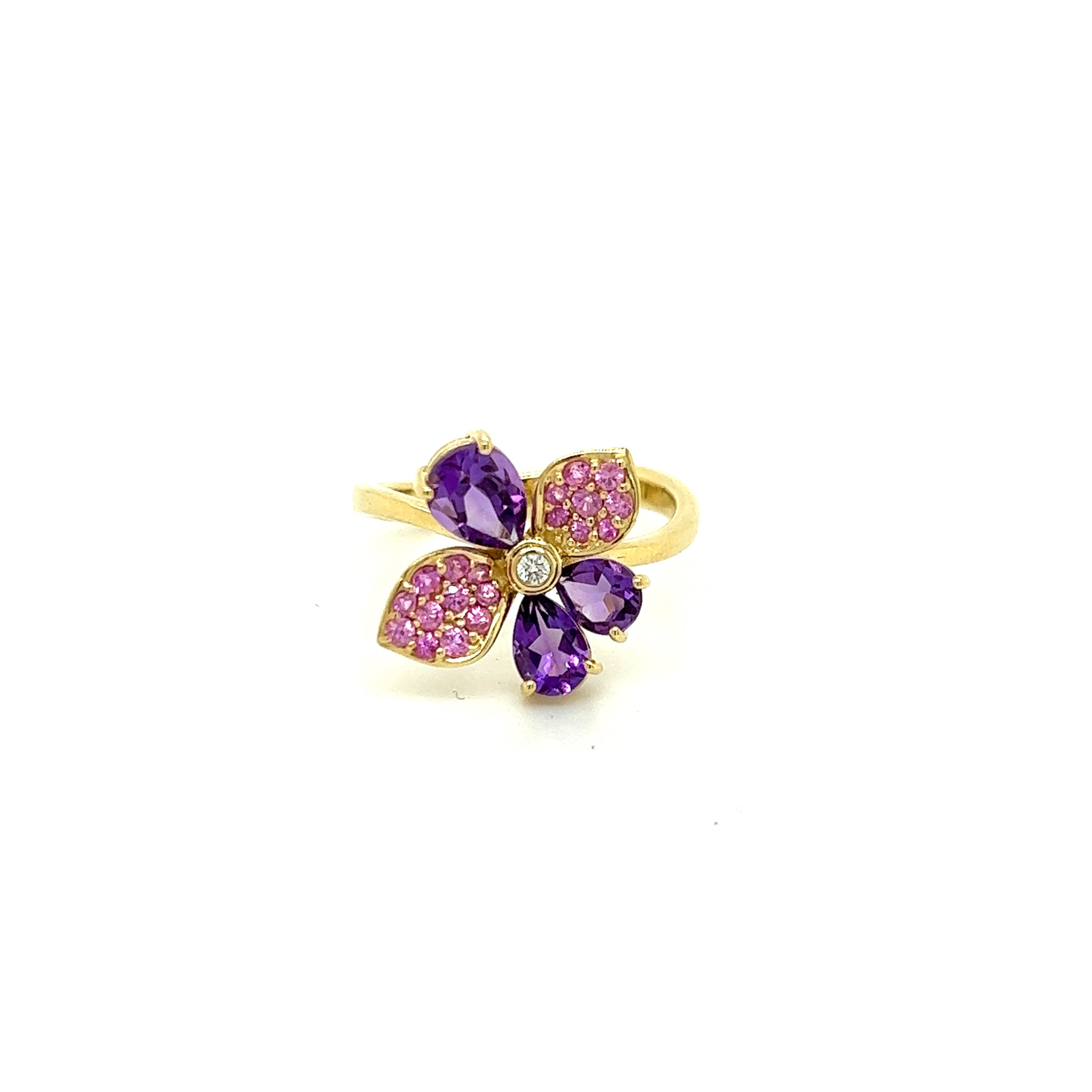 9ct yellow gold amethyst, pink tourmaline and diamond ring.