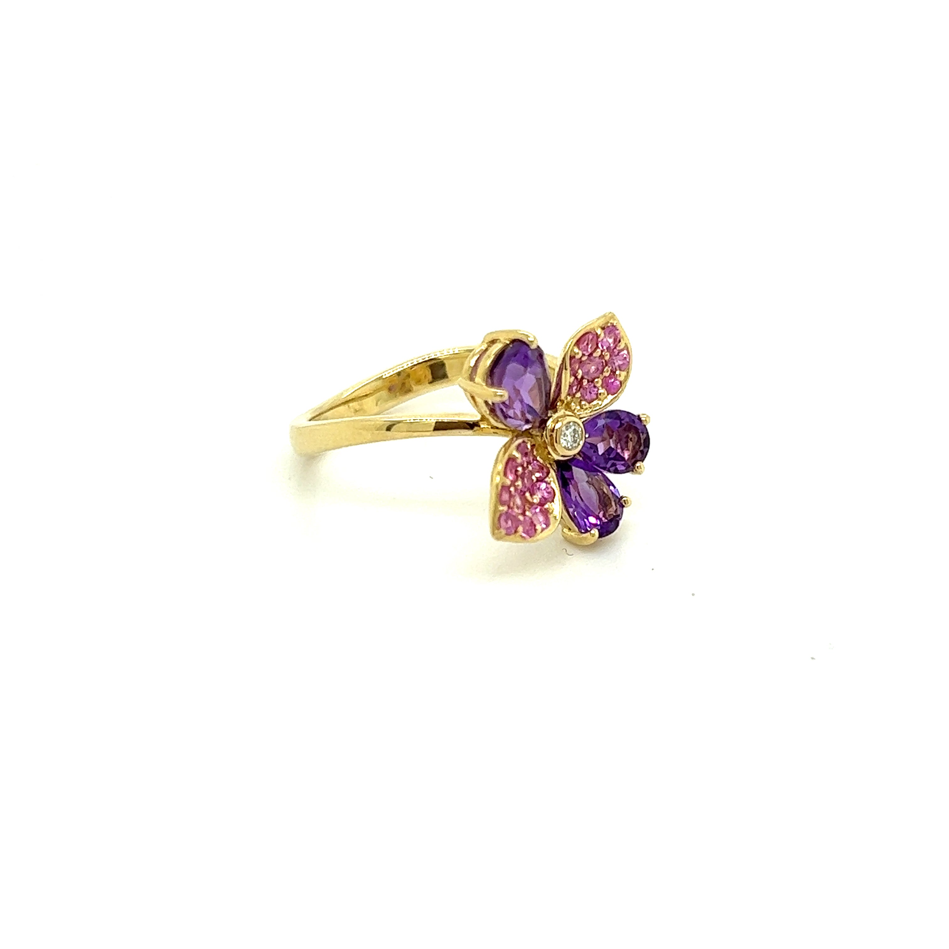 9ct yellow gold amethyst, pink tourmaline and diamond ring.