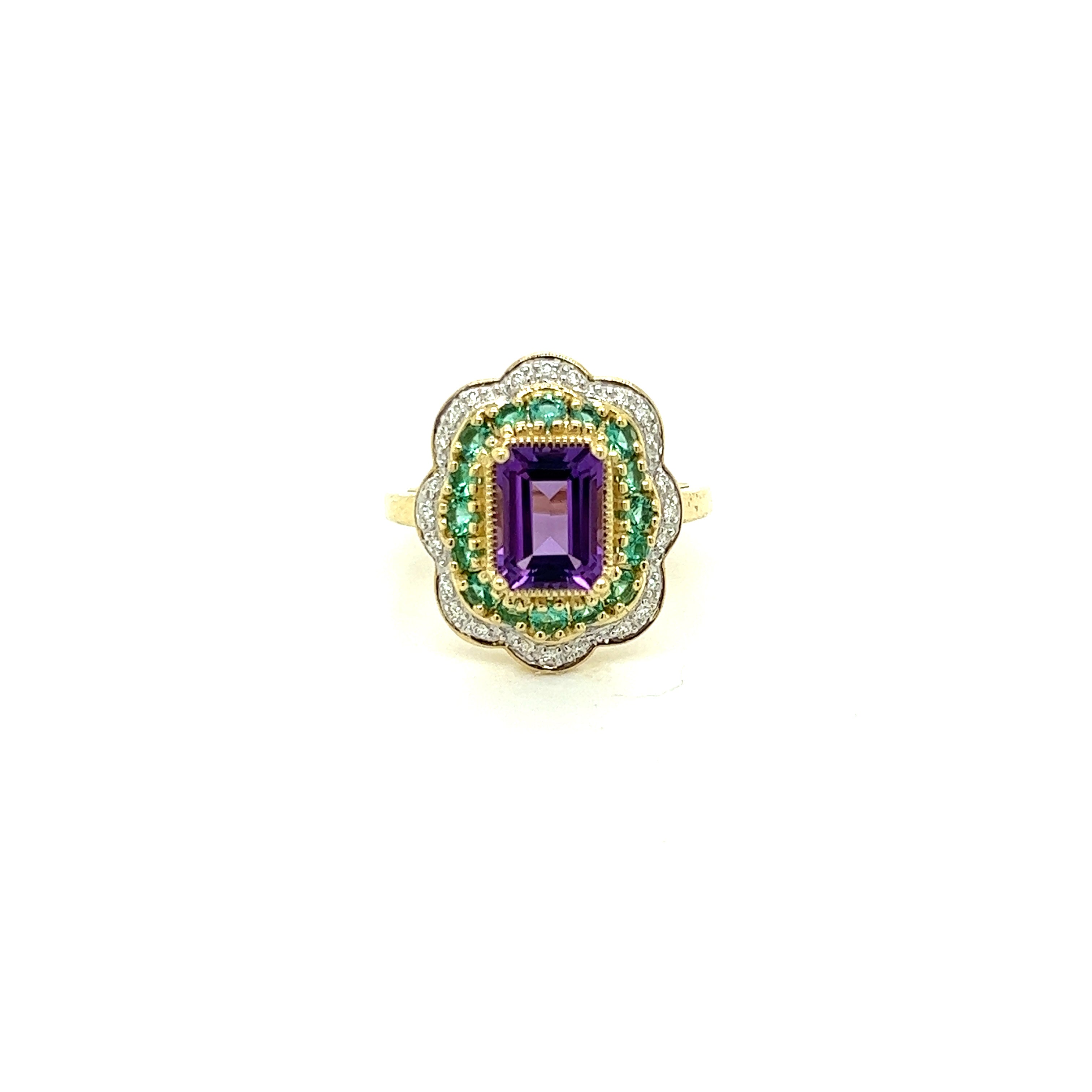 9ct yellow gold amethyst, emerald and diamond ring.