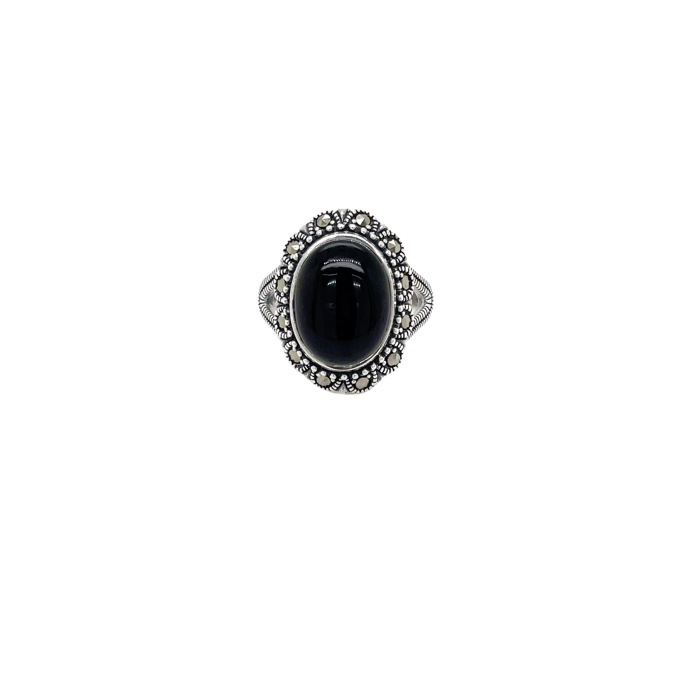 Sterling Silver Onyx and Marcasite Cluster Dress Ring