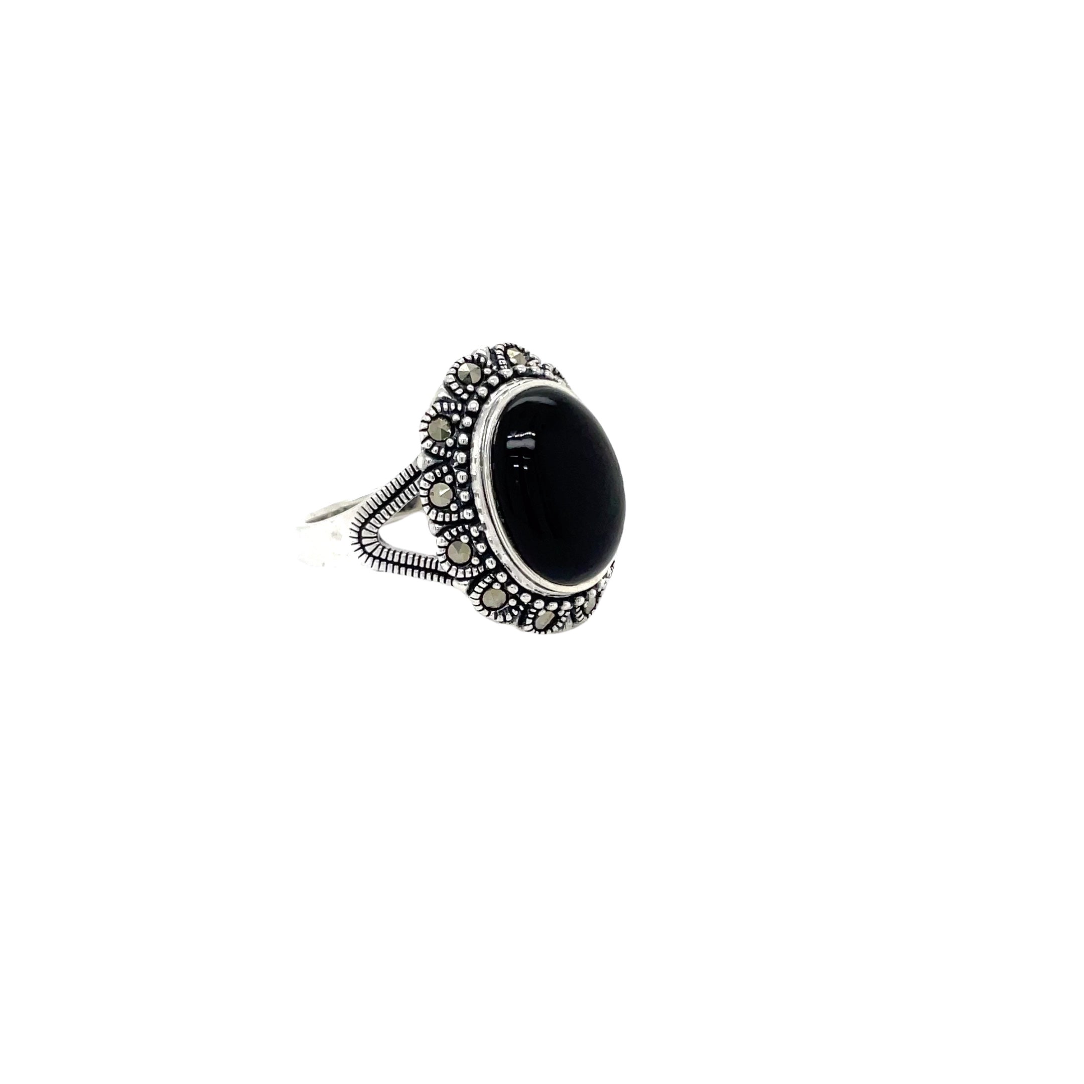 Sterling Silver Onyx and Marcasite Cluster Dress Ring