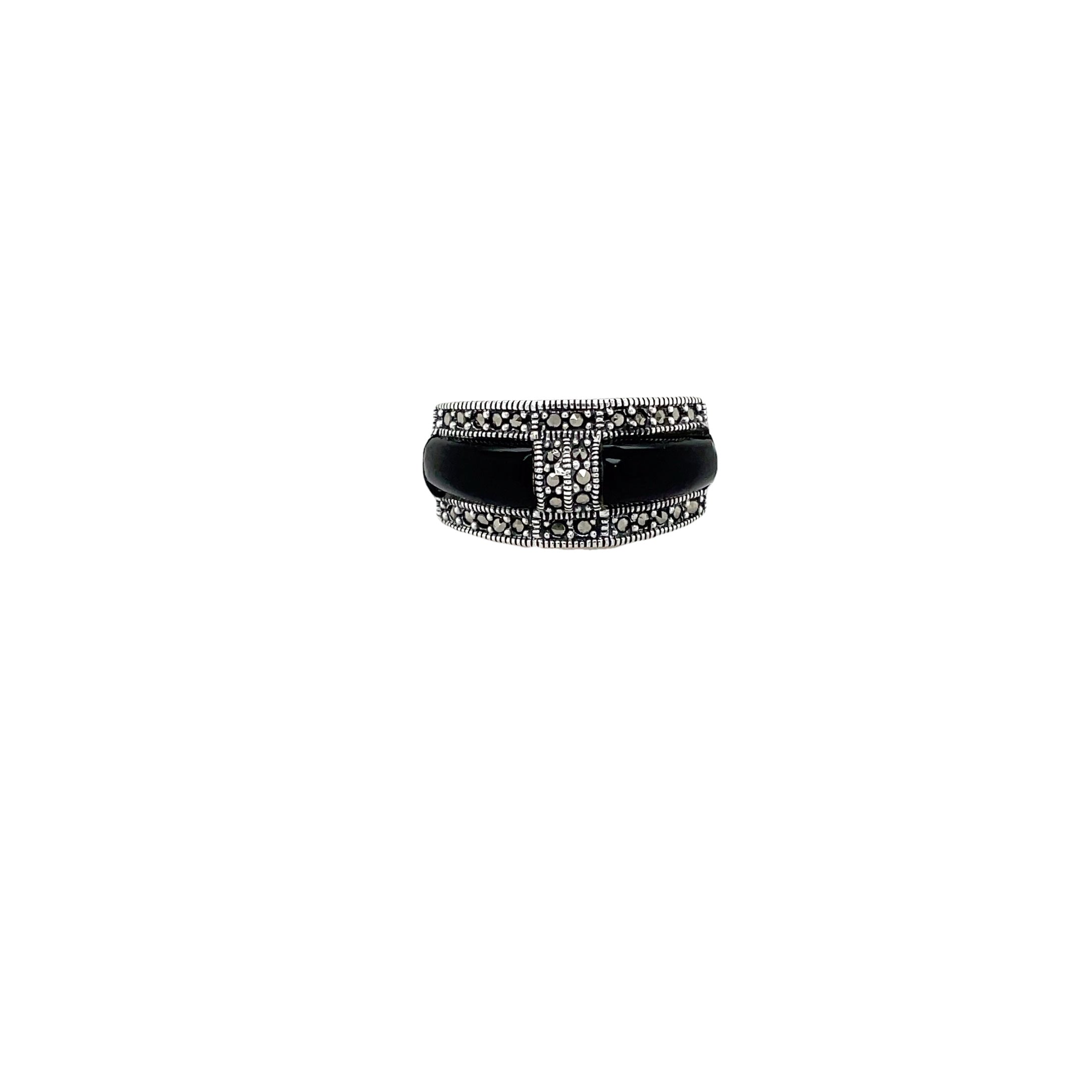 Sterling Silver Onyx and Marcasite Band Ring