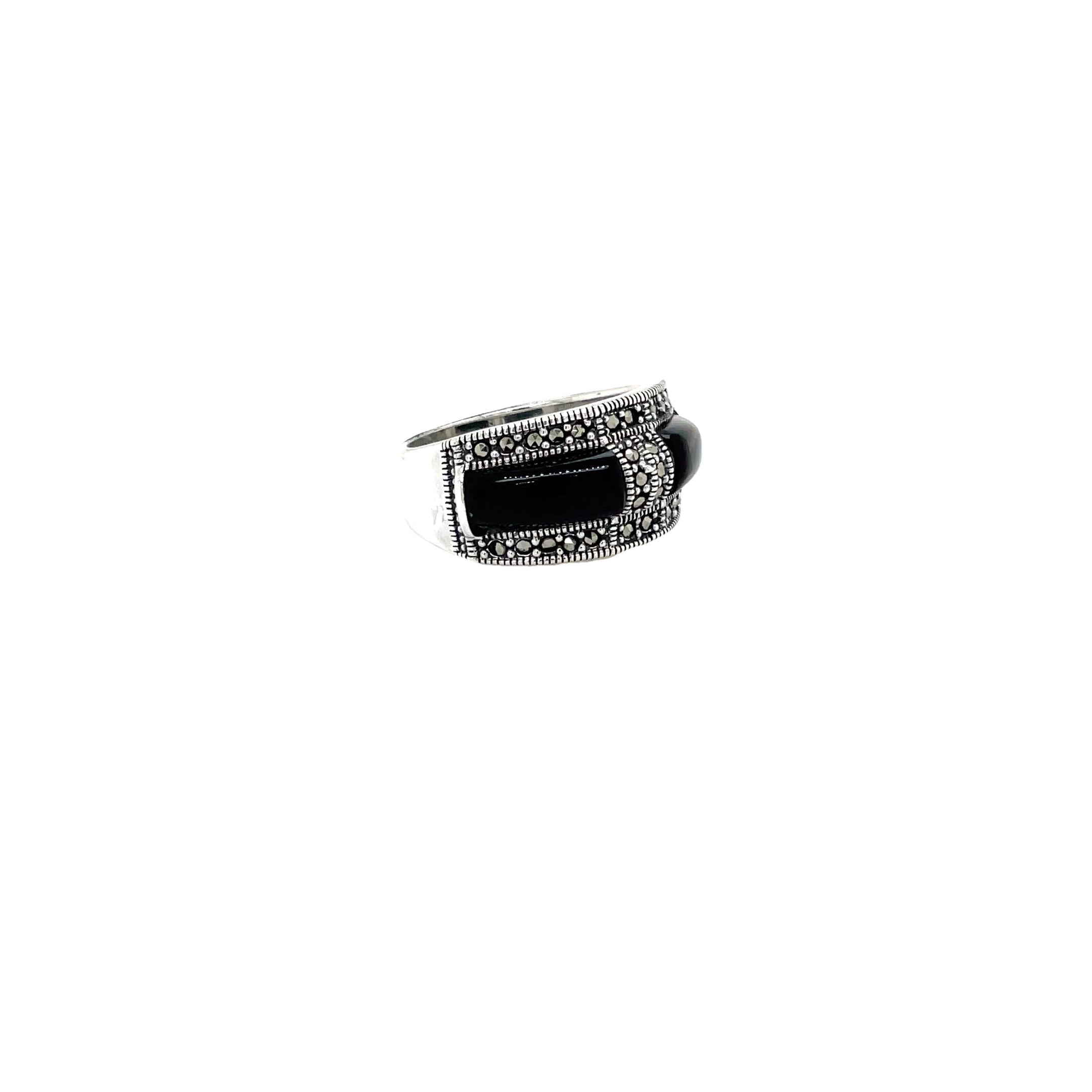 Sterling Silver Onyx and Marcasite Band Ring