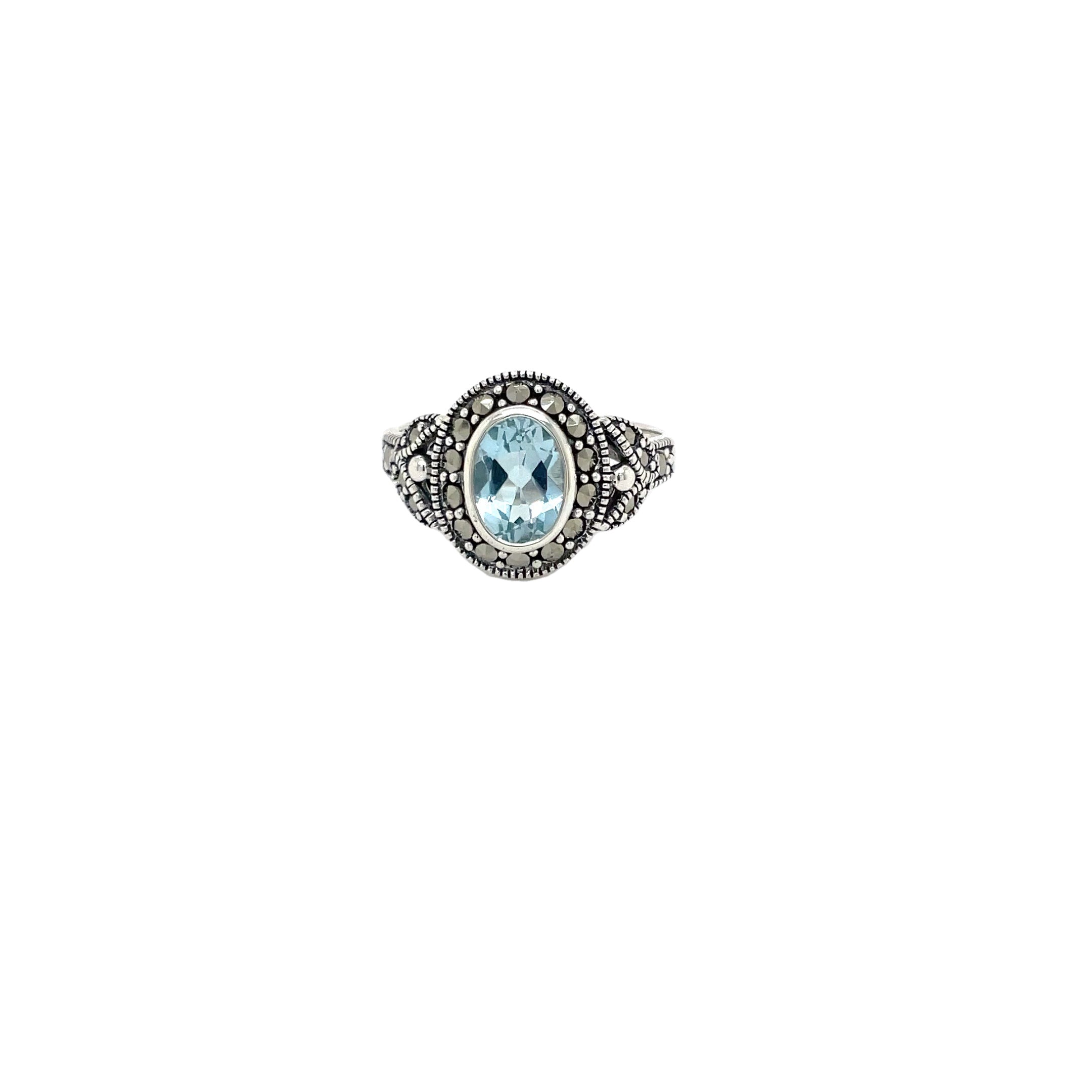 Sterling Silver Oval Blue Topaz and Marcasite Dress Ring