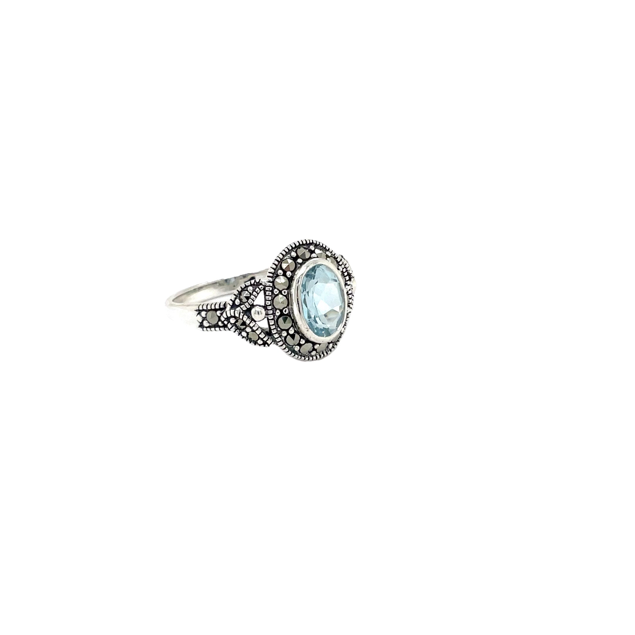 Sterling Silver Oval Blue Topaz and Marcasite Dress Ring