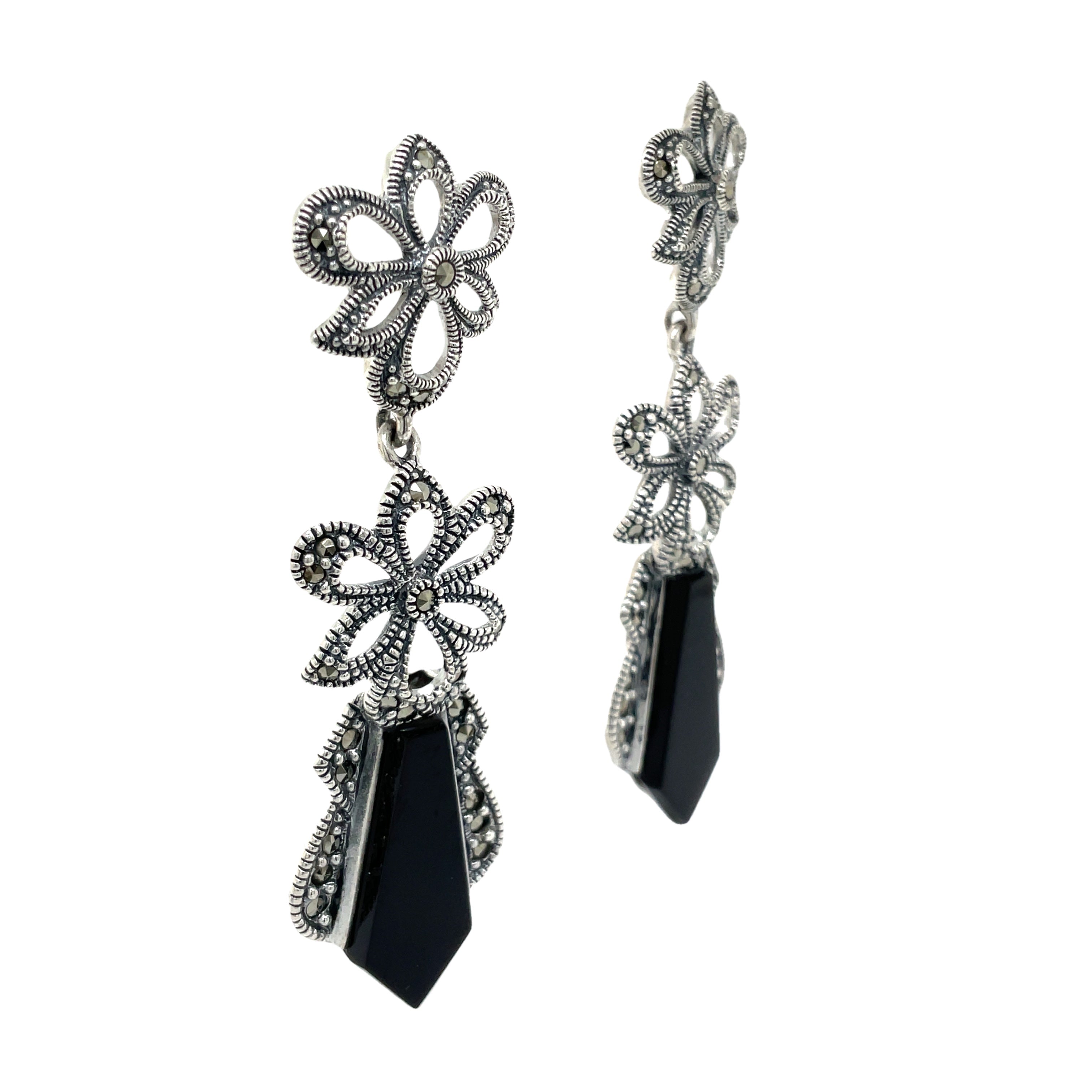 Sterling Silver Onyx and Marcasite Double Flower Drop Earrings