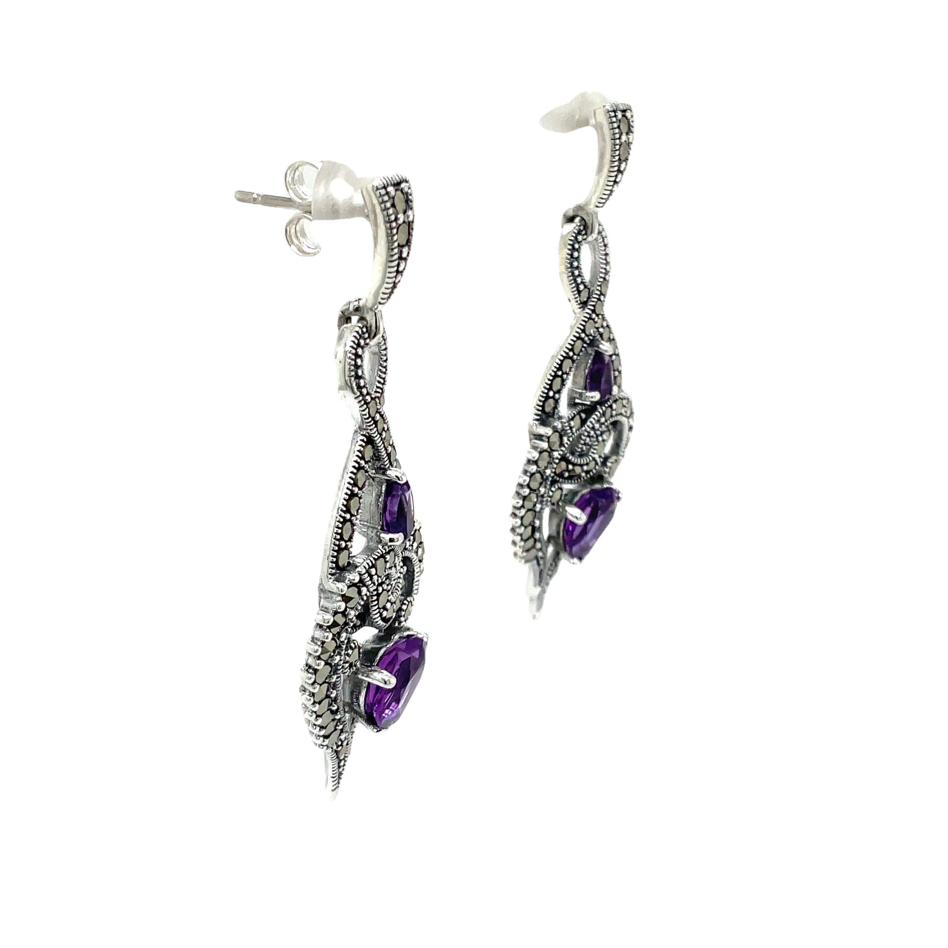 Sterling Silver Amethyst and Marcasite Patterned Earrings