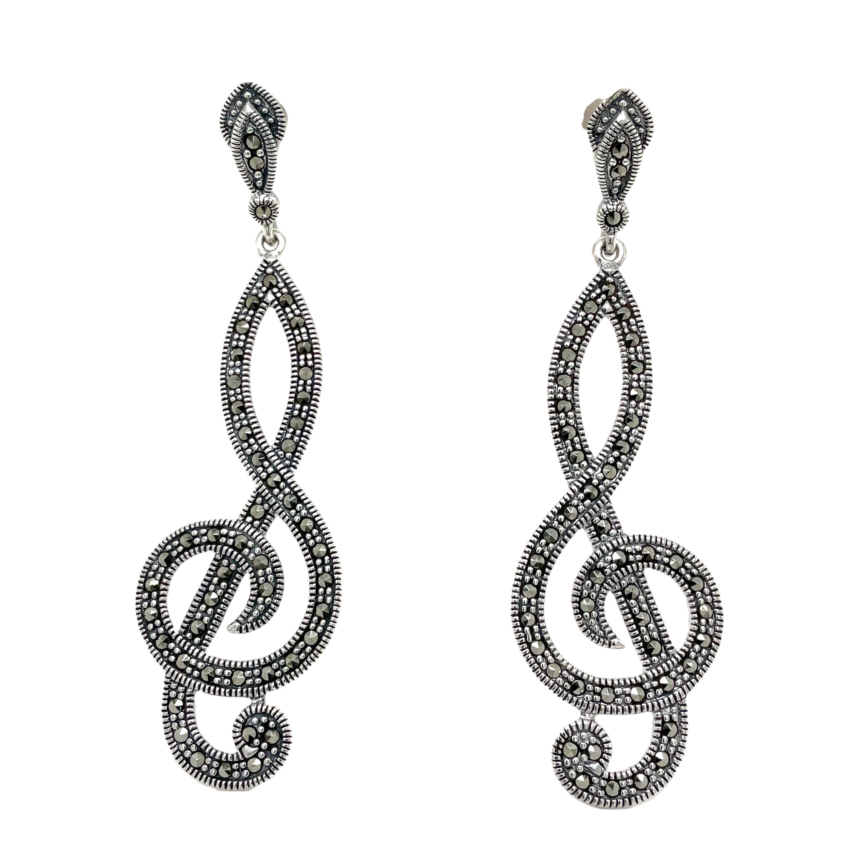 Sterling Silver Treble Clef Marcasite Drop Earrings