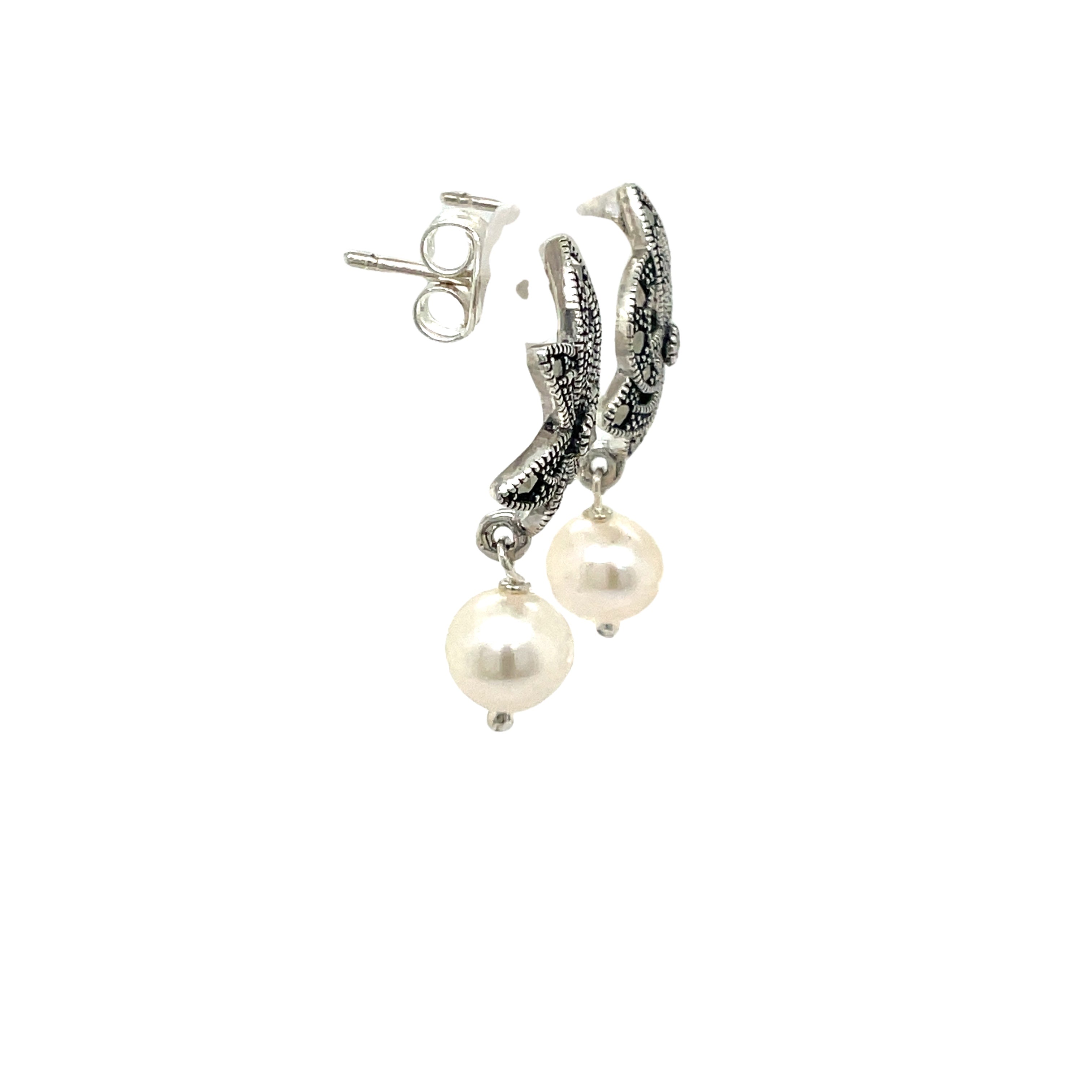 Sterling Silver Marcasite and Freshwater Pearl Drop Earrings