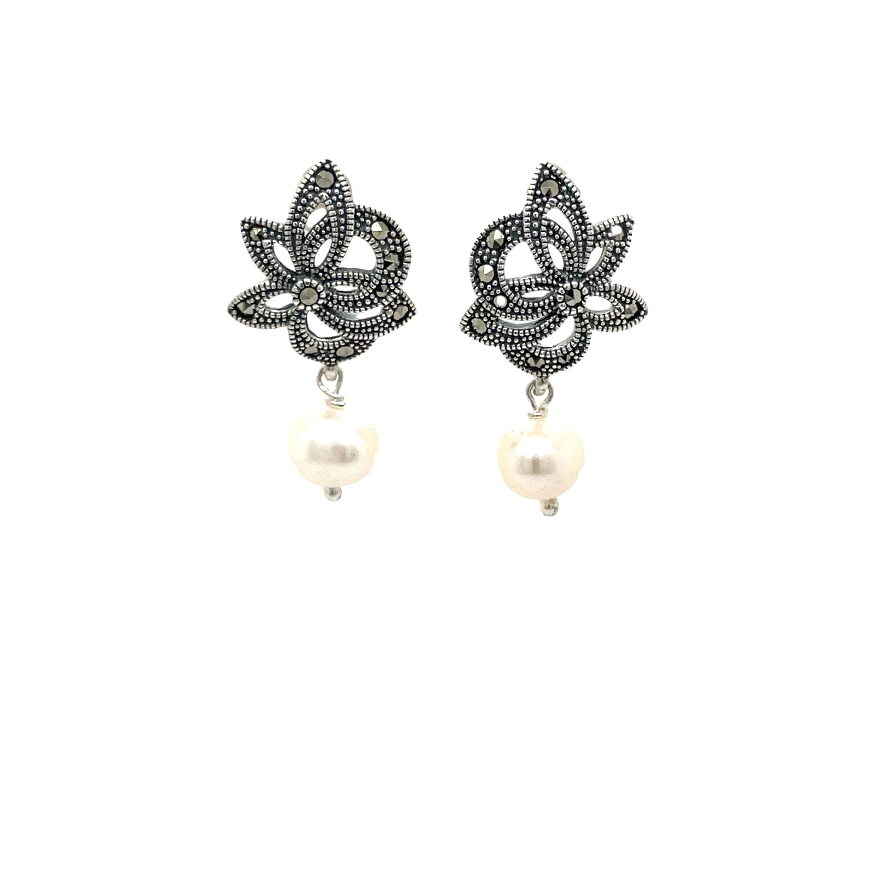 Sterling Silver Marcasite and Freshwater Pearl Drop Earrings