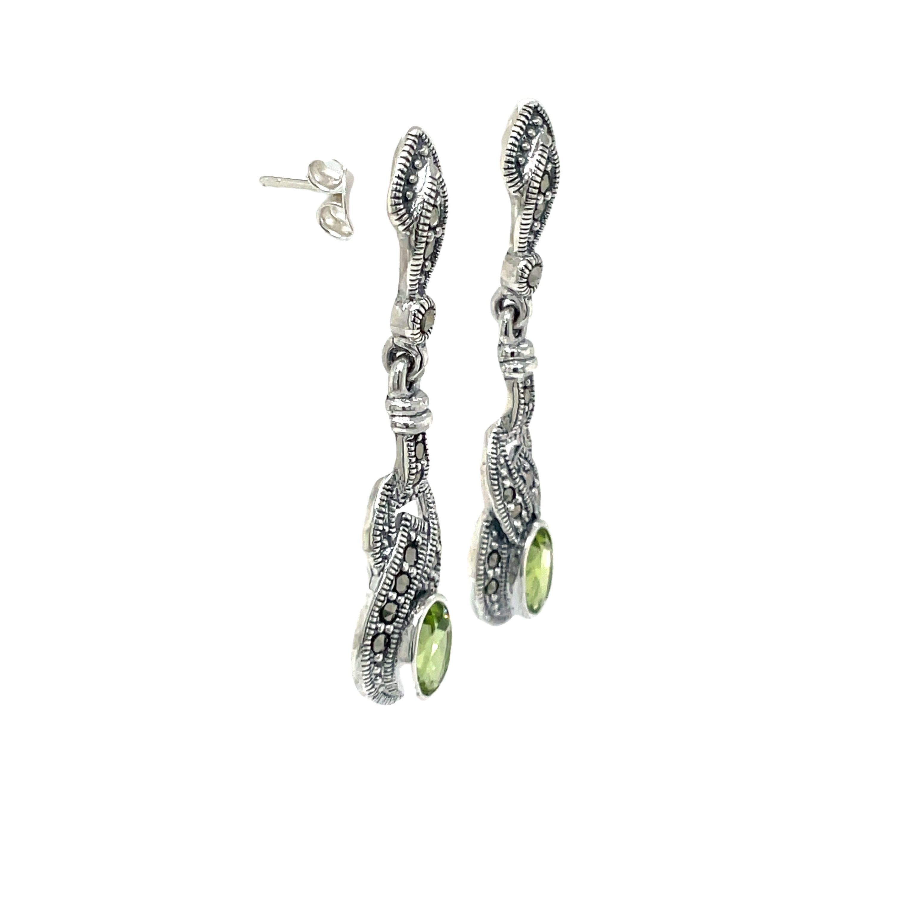 Sterling Silver Marcasite and Peridot Long Drop Earrings
