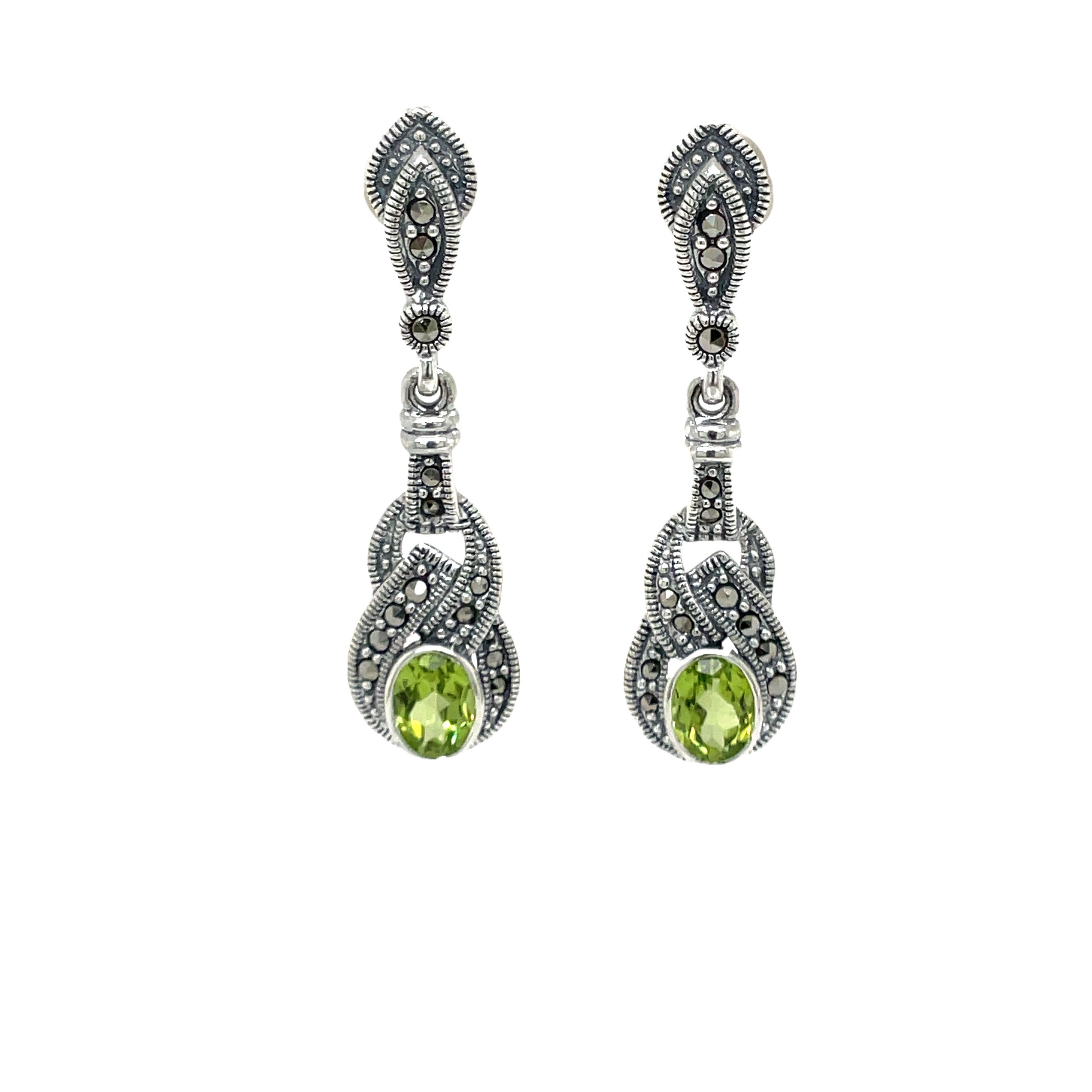 Sterling Silver Marcasite and Peridot Long Drop Earrings