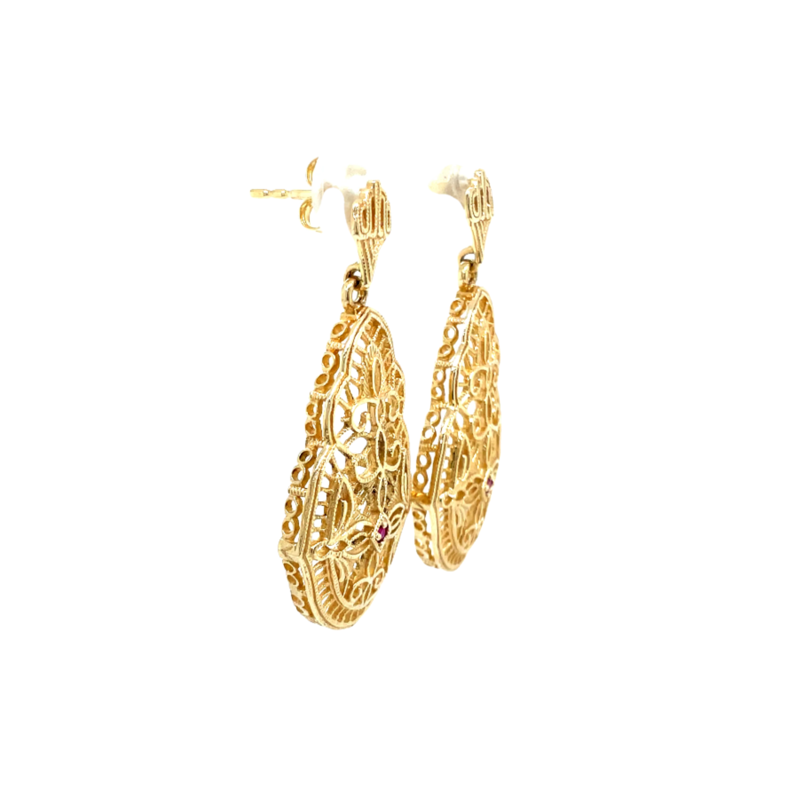 14ct Yellow Gold Ornate Ruby Drop Earrings
