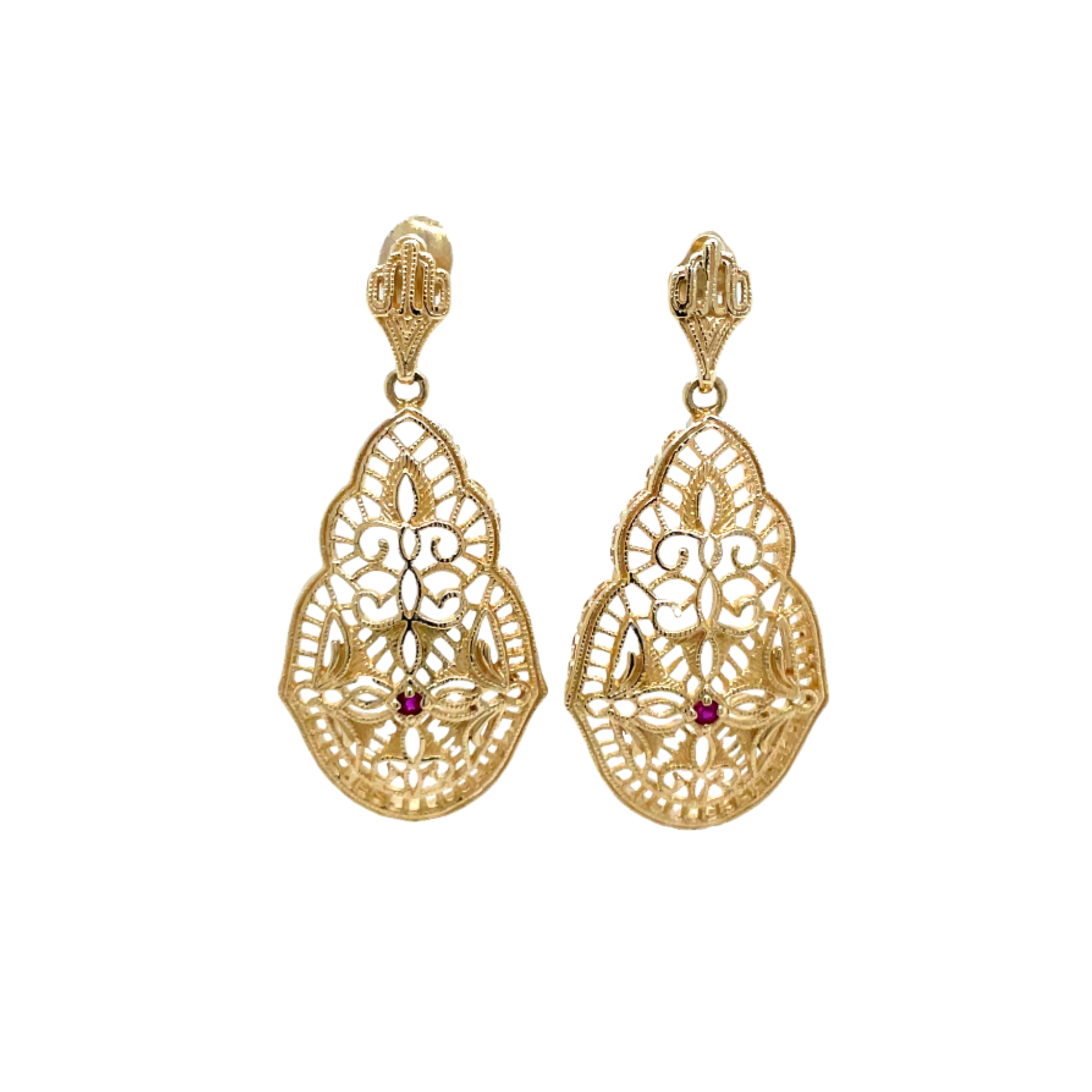 14ct Yellow Gold Ornate Ruby Drop Earrings