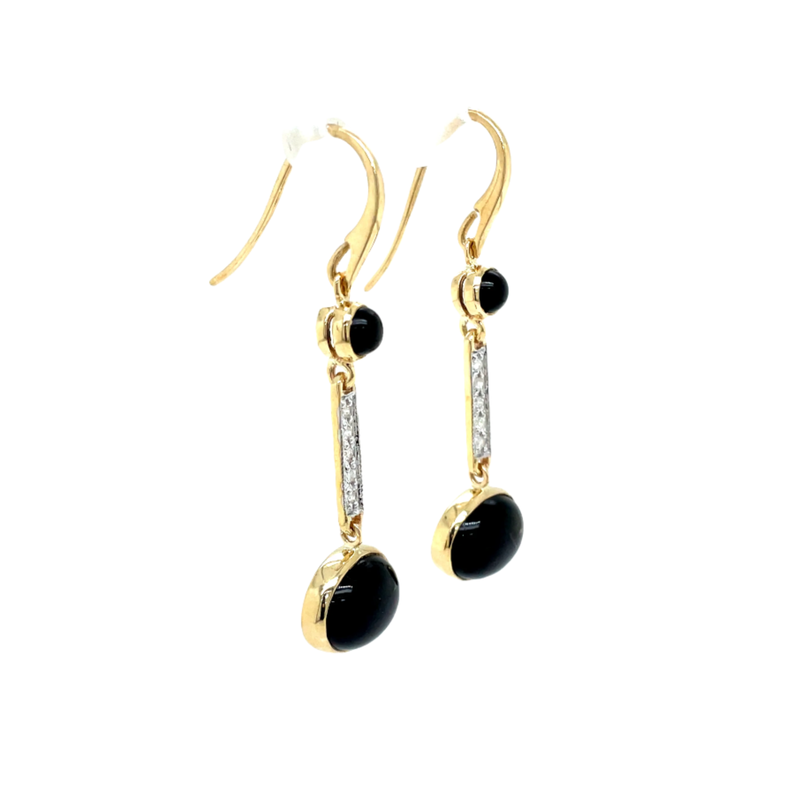 9ct Yellow Gold Cabachon Onyx and Diamond Earrings