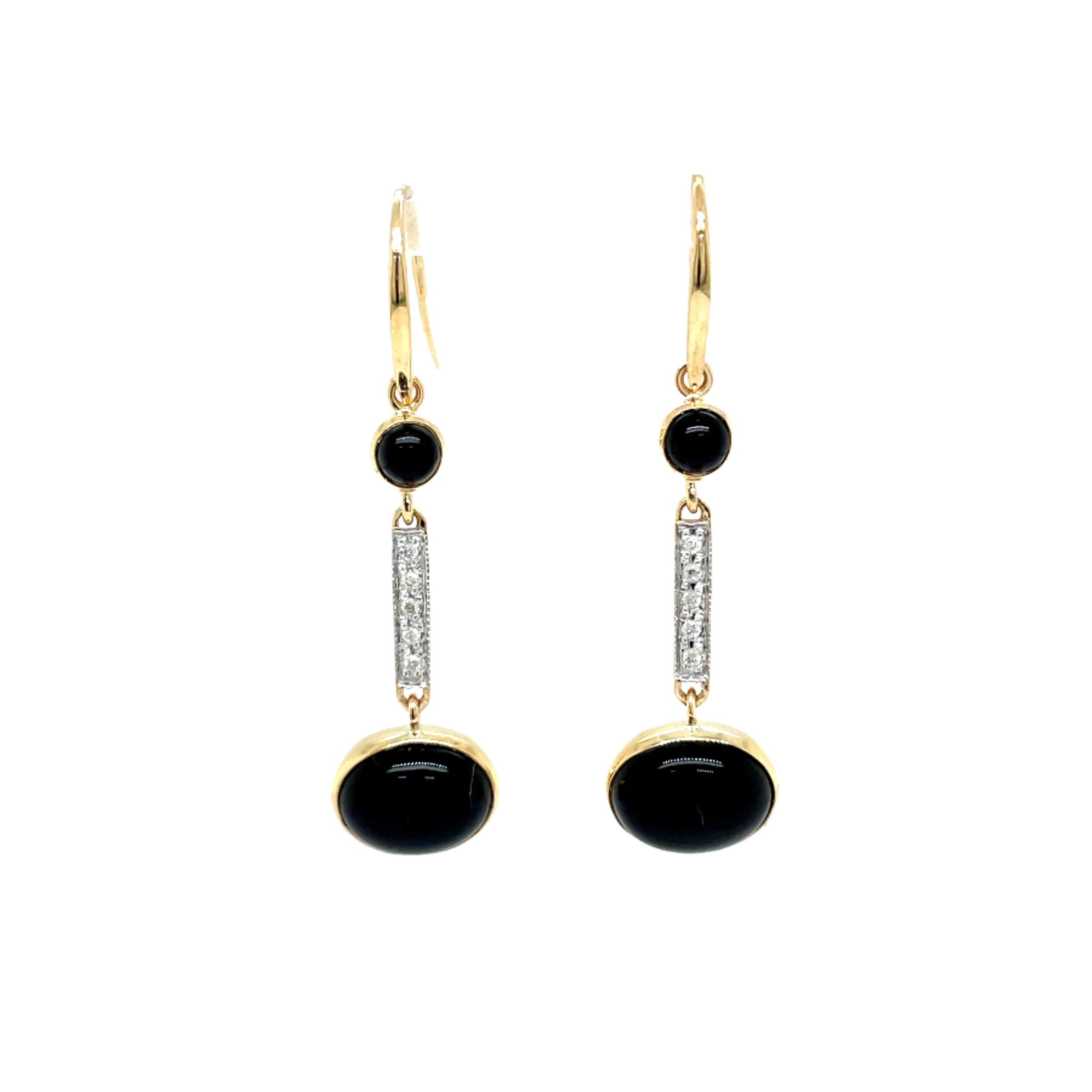 9ct Yellow Gold Cabachon Onyx and Diamond Earrings