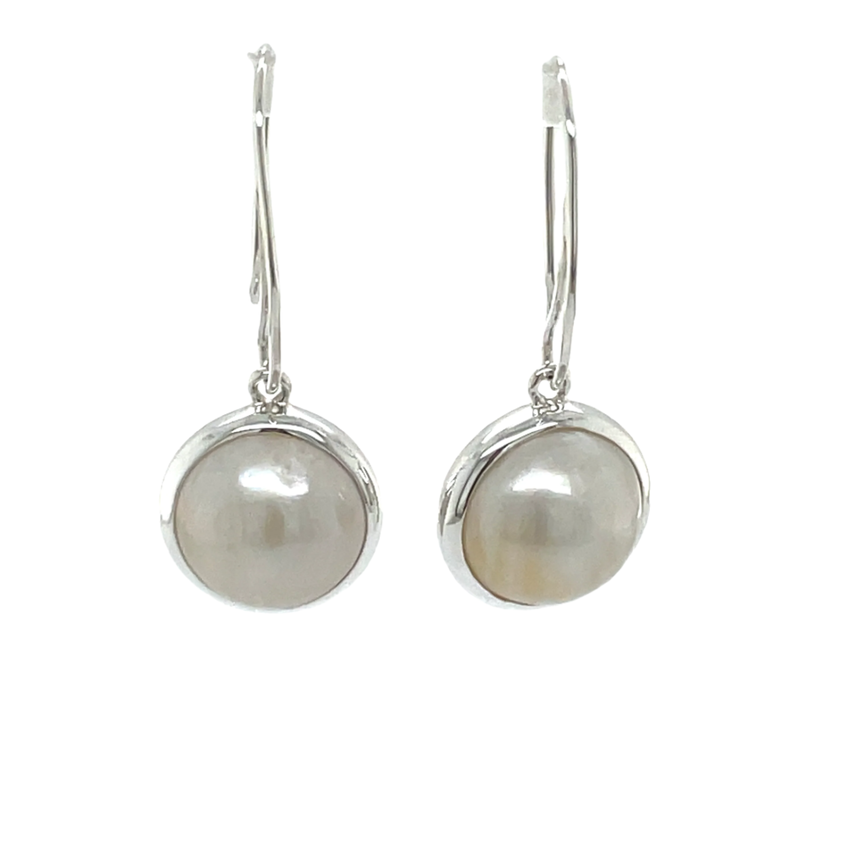 Sterling Silver Round Mabe Pearl Long Drop Earrings