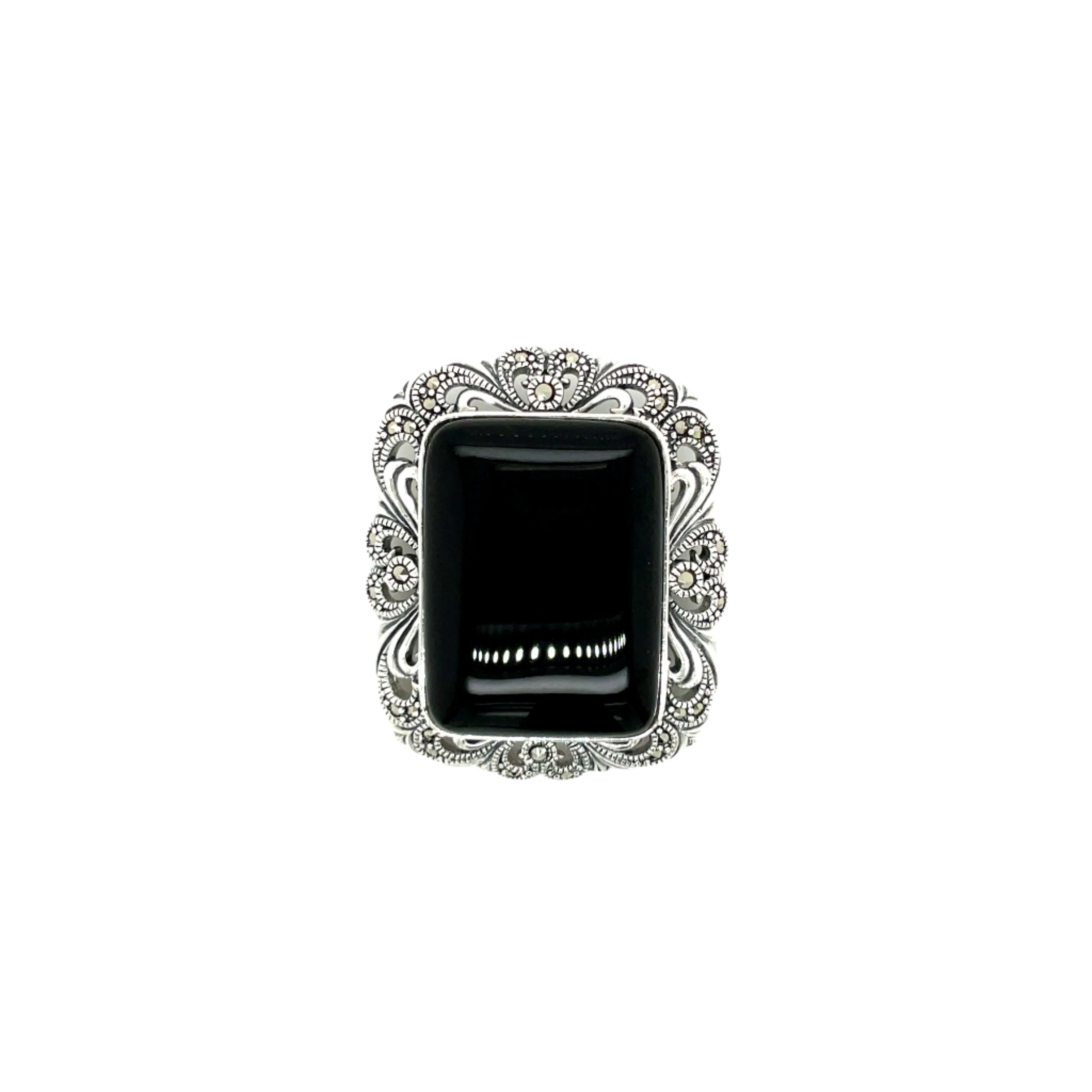 Sterling Silver Onyx and Marcasite Brooch/Pendant