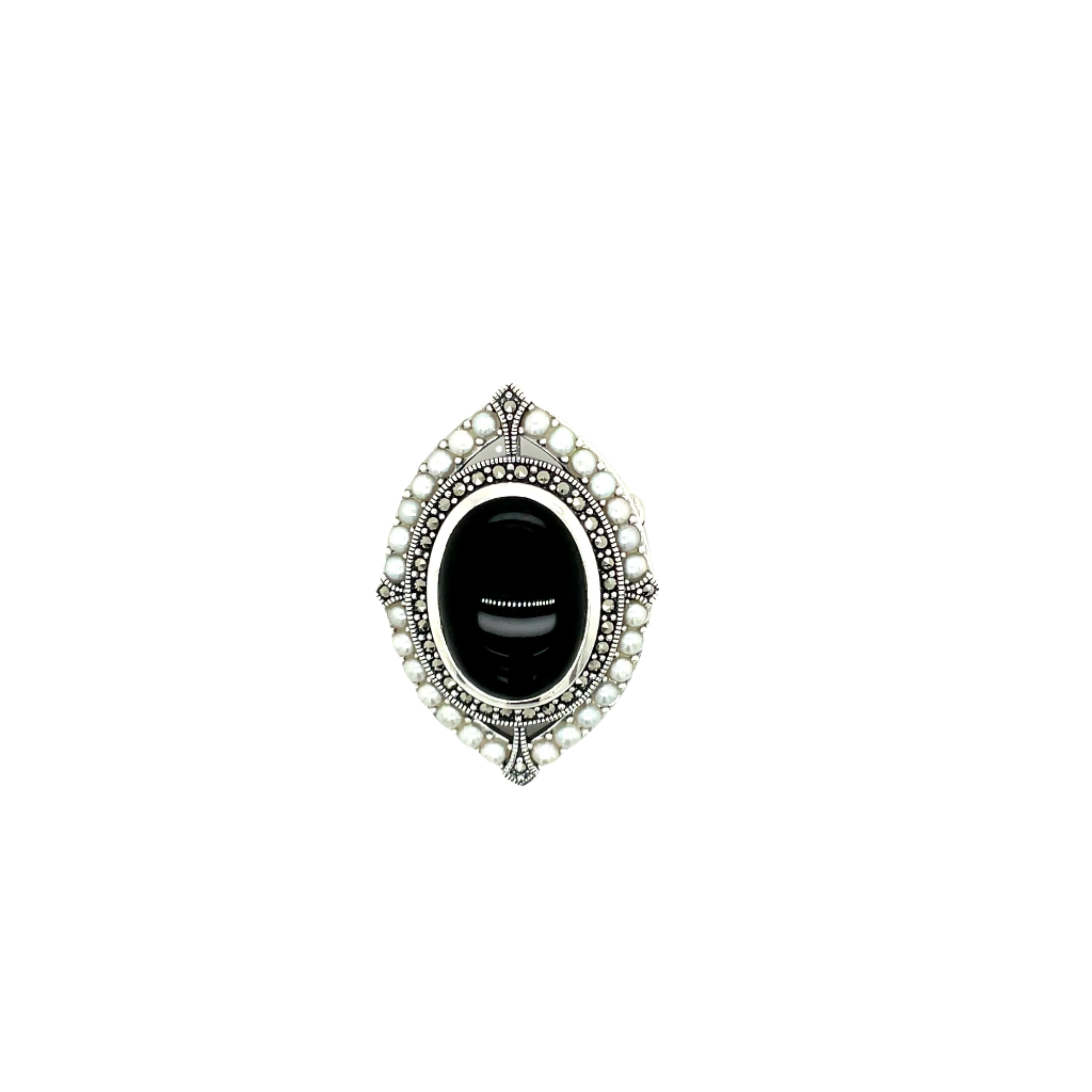 Sterling Silver Onyx, Marcasite and FW Pearl Brooch/Pendant