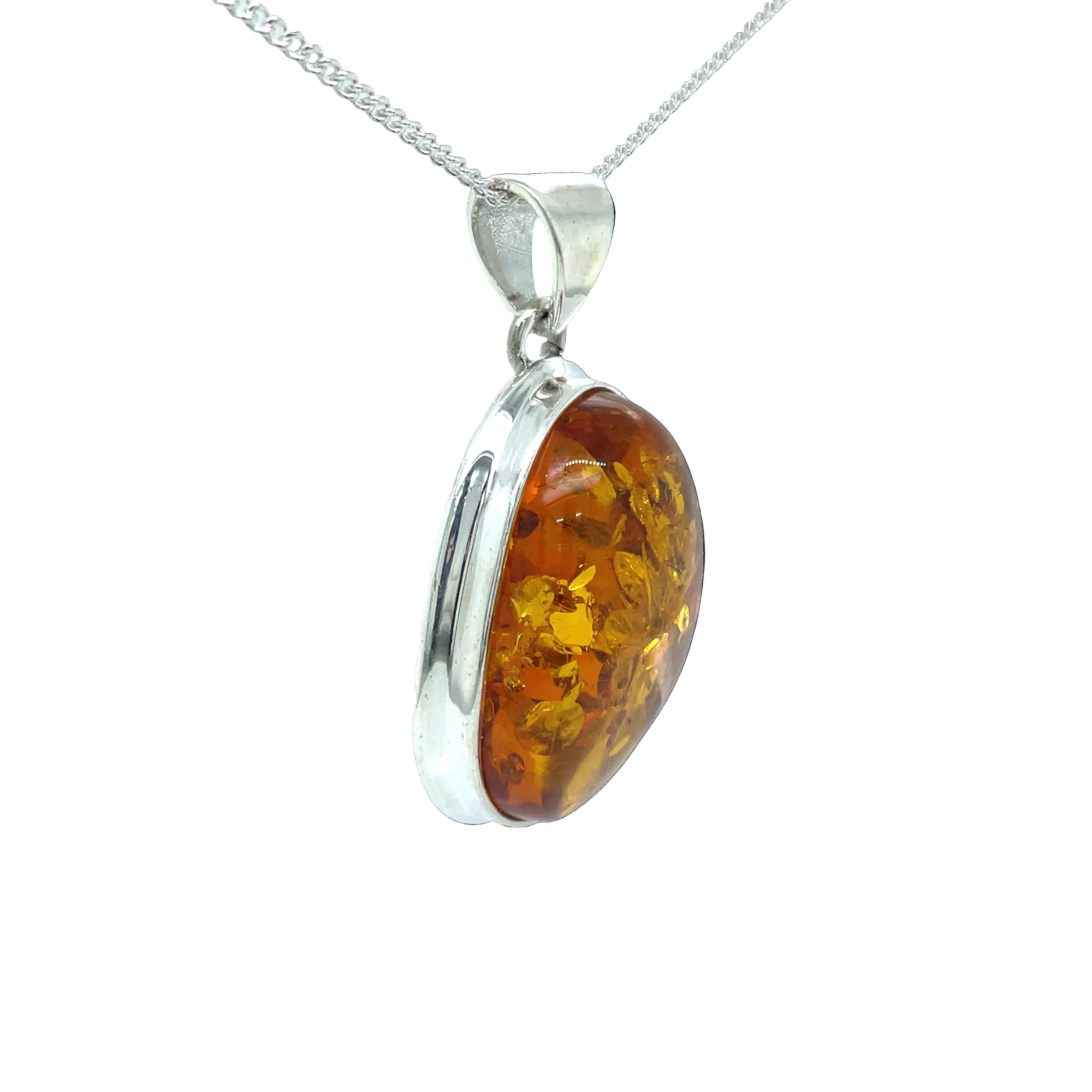 Sterling Silver Oval Bezel Set Amber Pendant