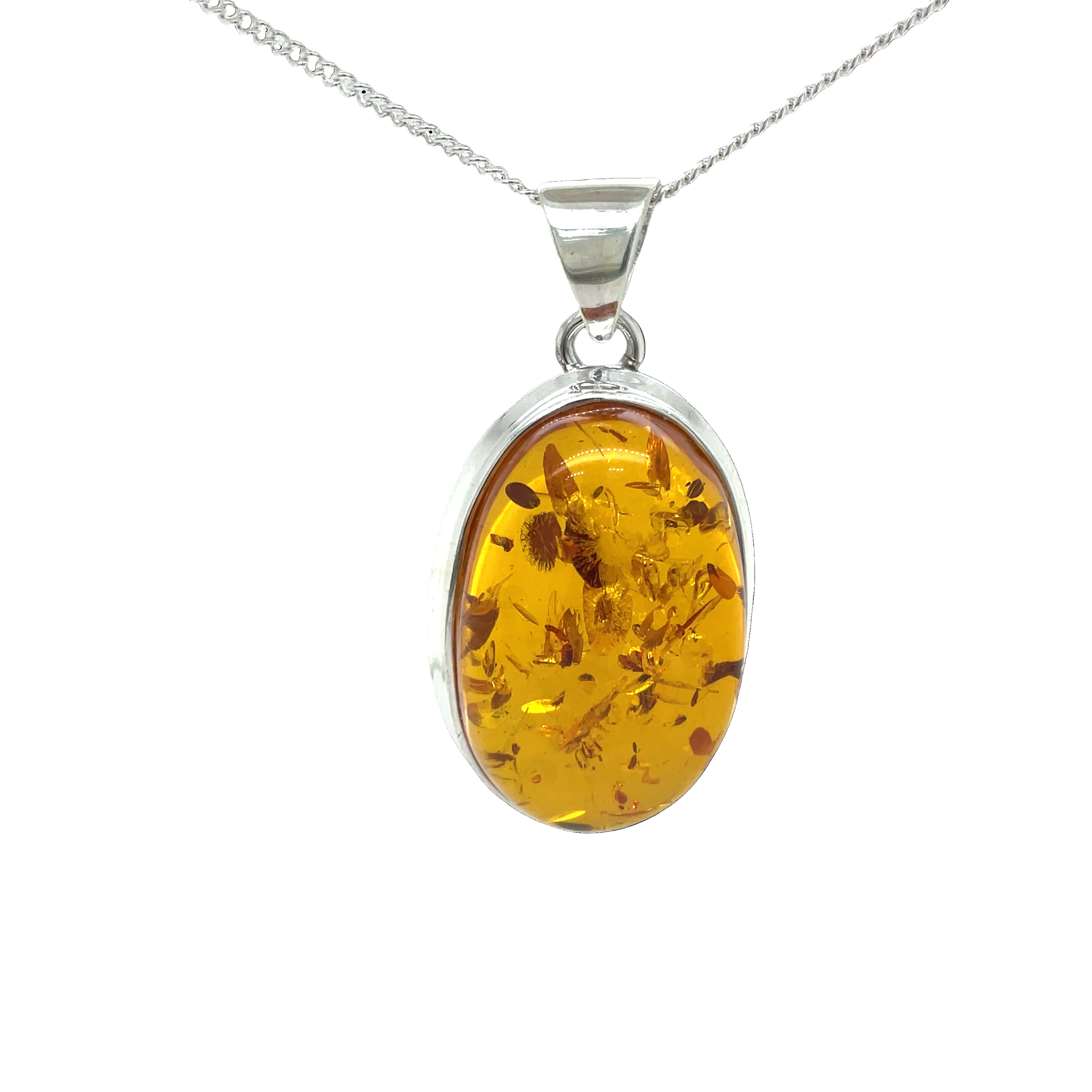 Sterling Silver Oval Bezel Set Amber Pendant