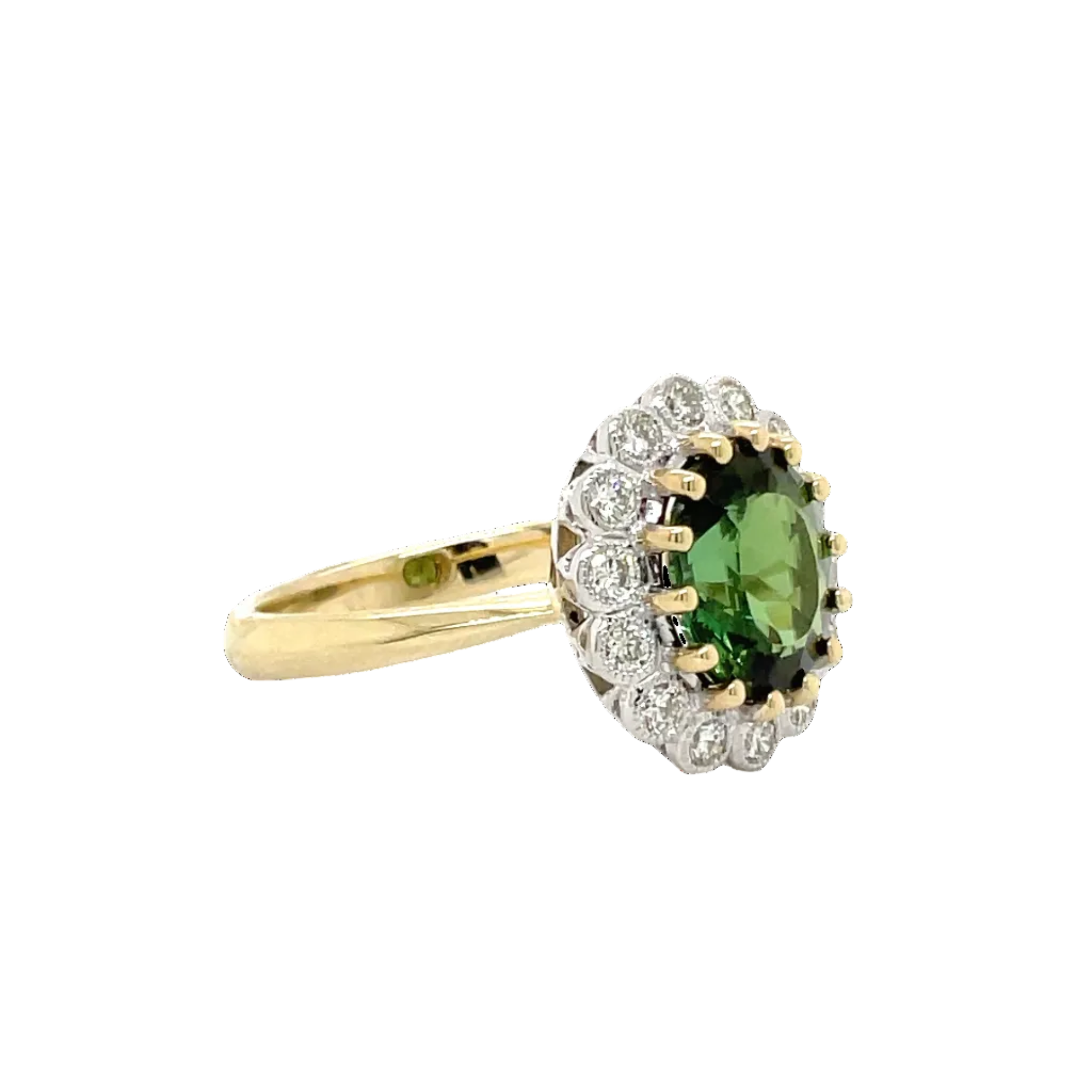 9ct Yellow and White Gold Green Tourmaline and Natural Diamond Dress Ring