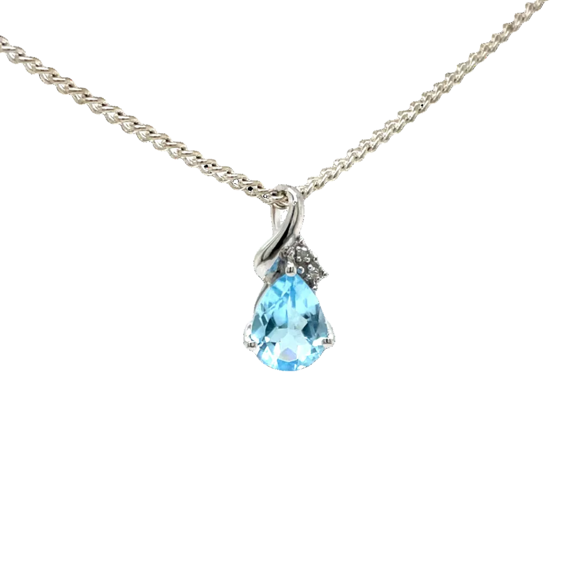 9ct White Gold Pear Blue Topaz and Natural Diamond Pendant