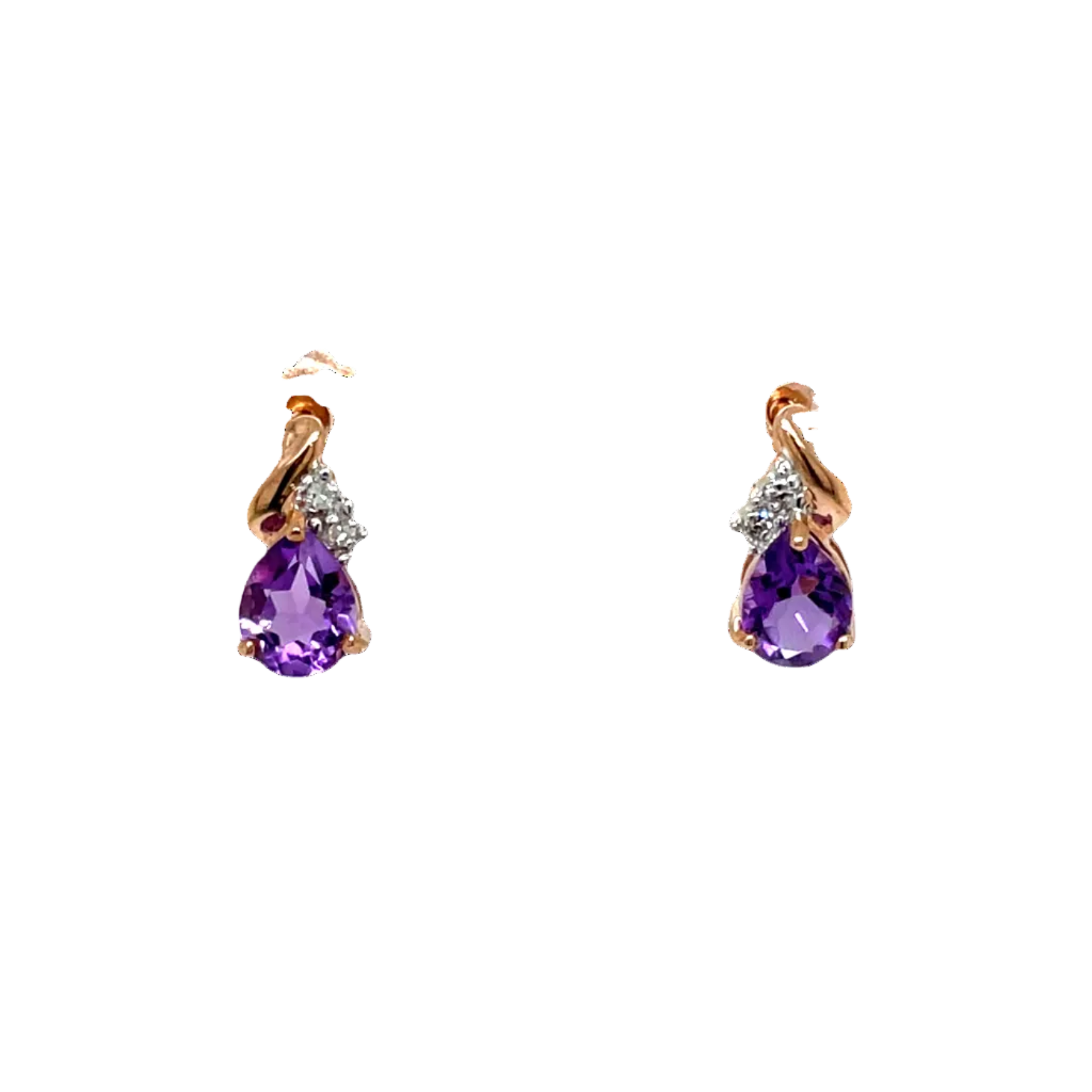 9ct Rose Gold Pear Amethyst and Natural Diamond Stud Earrings