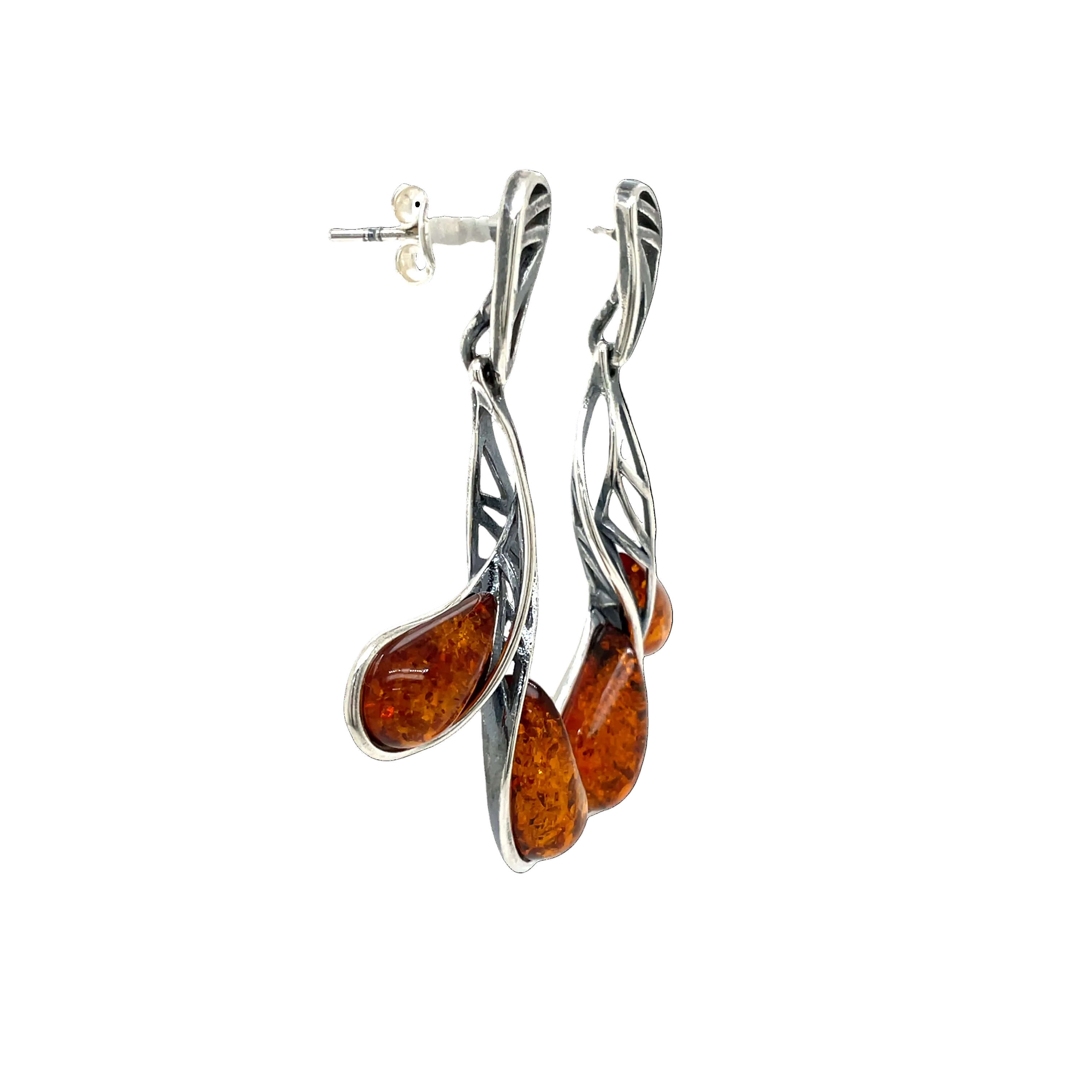 Sterling Silver Double Long Pear Amber Drop Earrings
