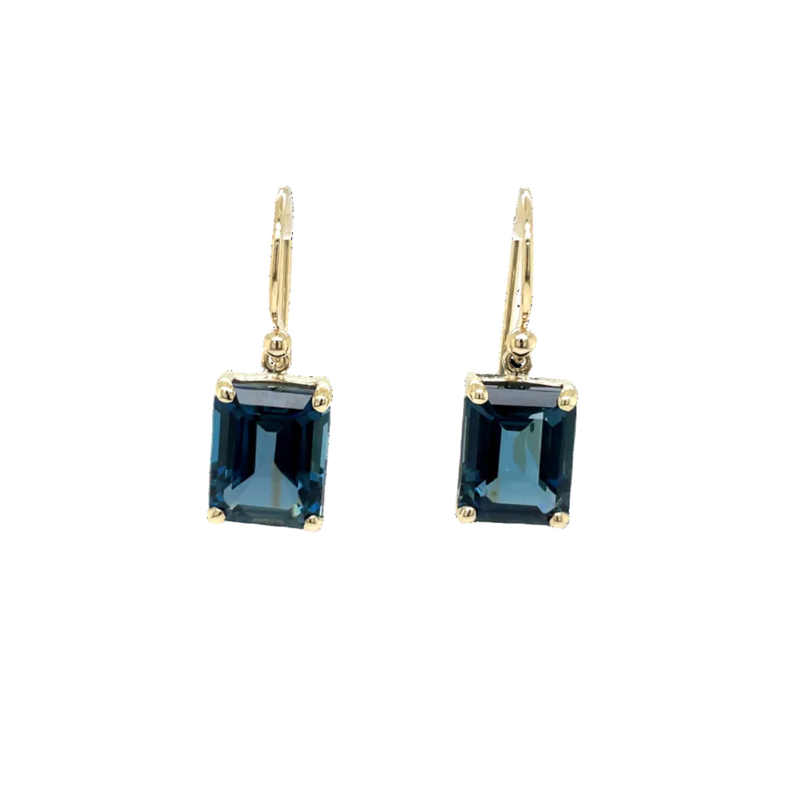 9ct Yellow Gold Emerald Cut London Blue Topaz Drop Earrings