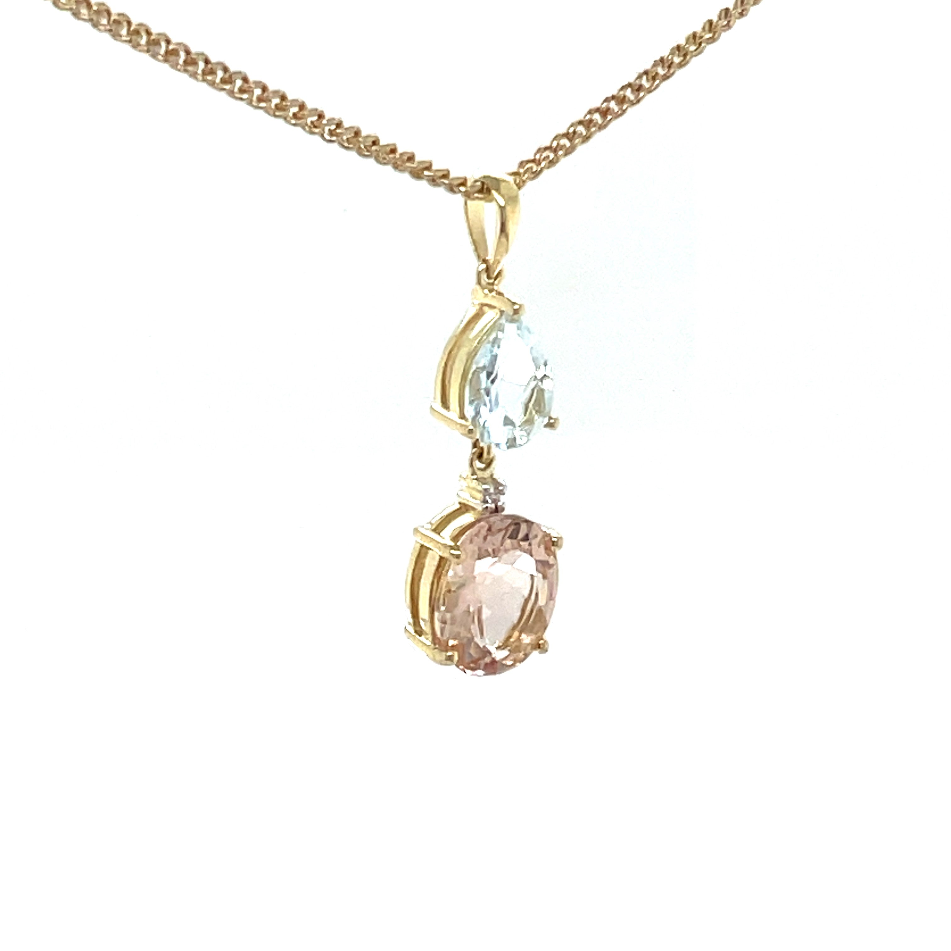 9ct Yellow Gold Morganite, Aquamarine and Diamond Pendant