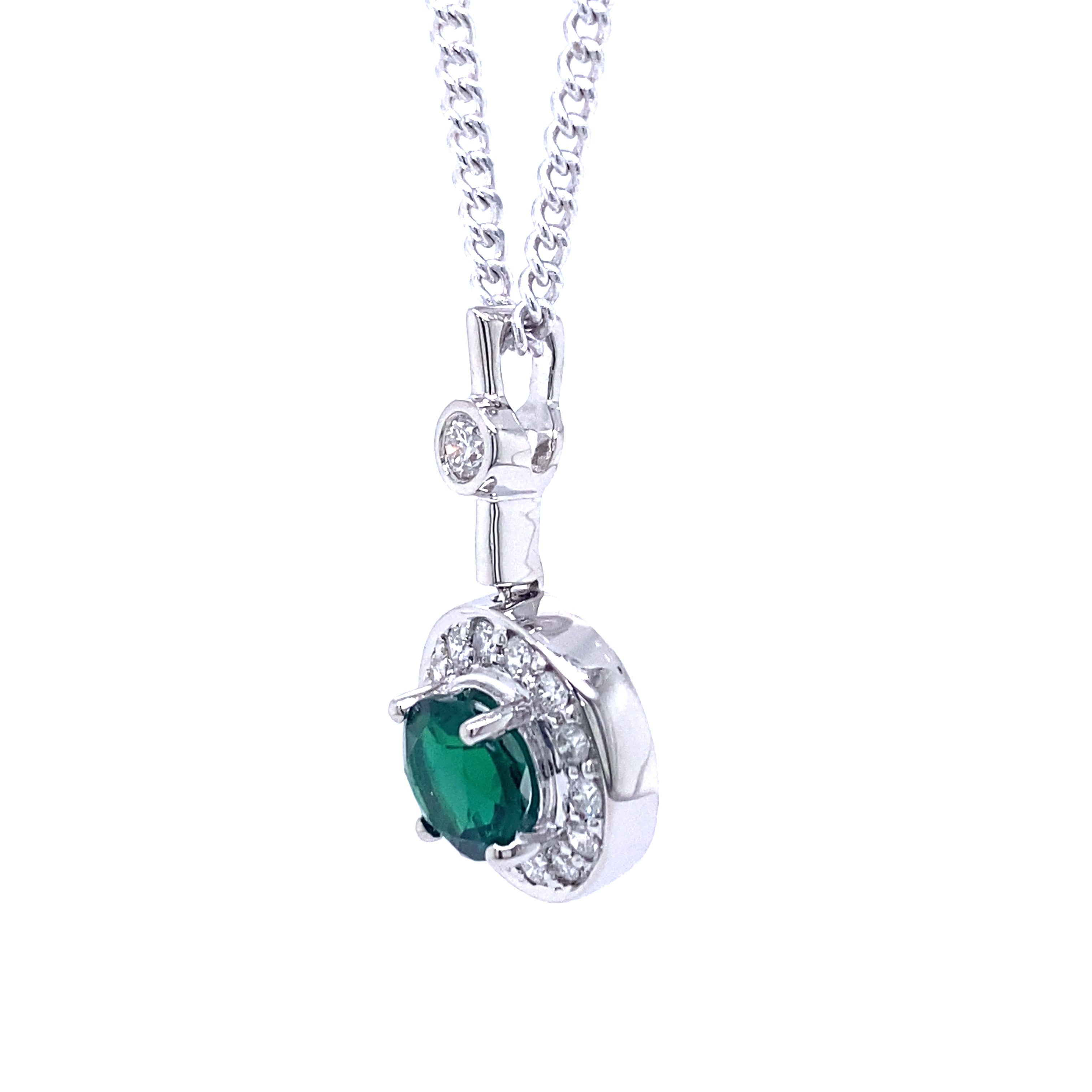 9ct White Gold Created Emerald and Diamond Pendant