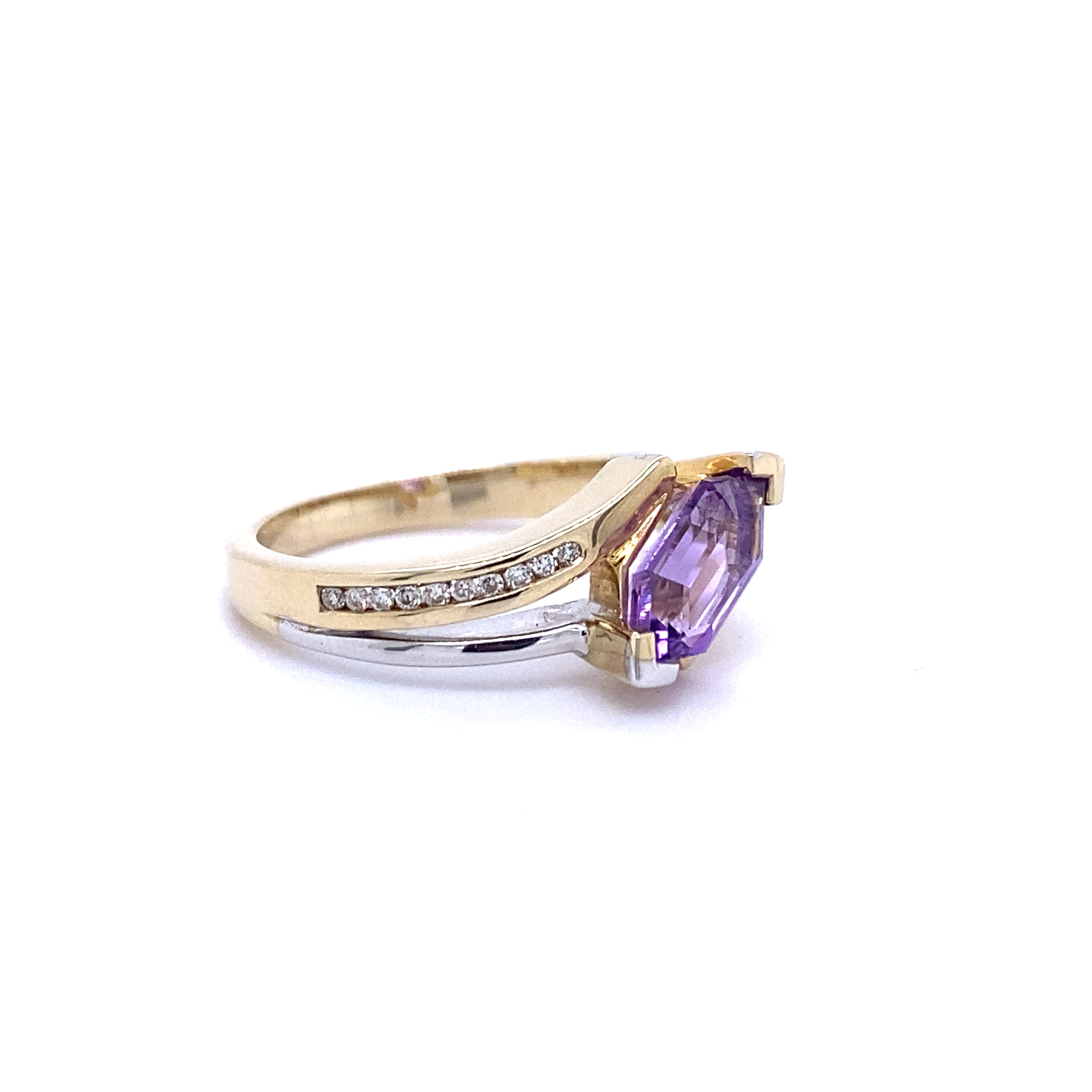 9ct Yellow and White Gold Amethyst and Diamond Ring
