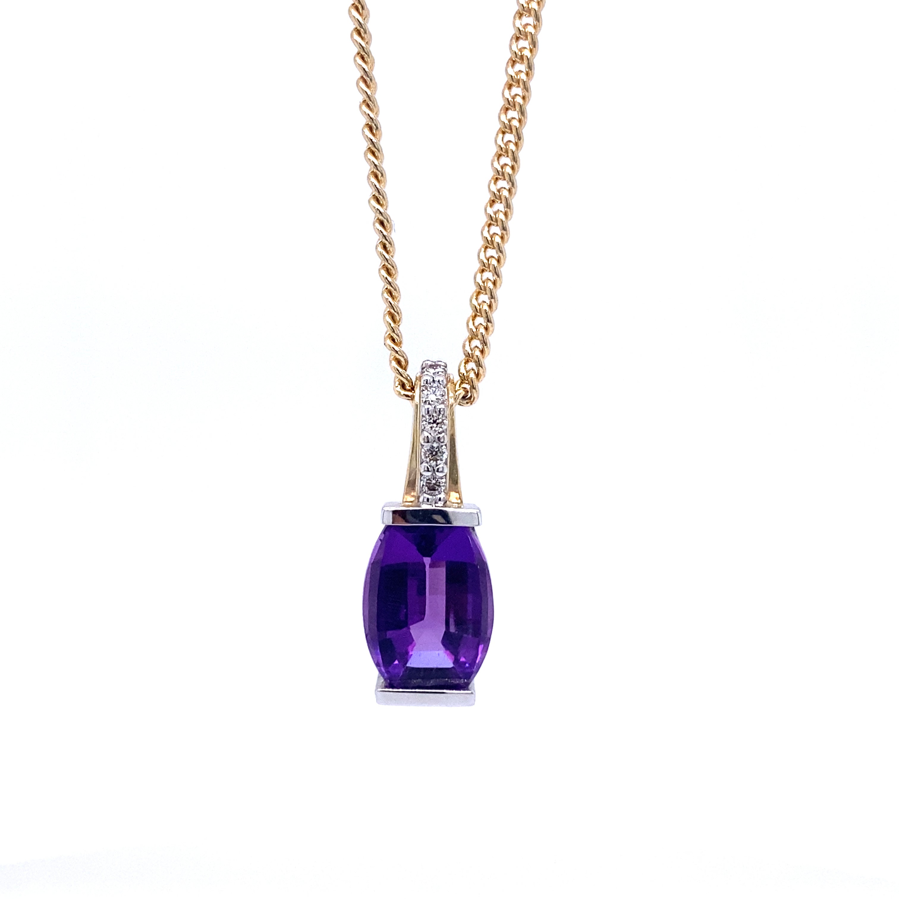 9ct yellow gold amethyst and diamond pendant.