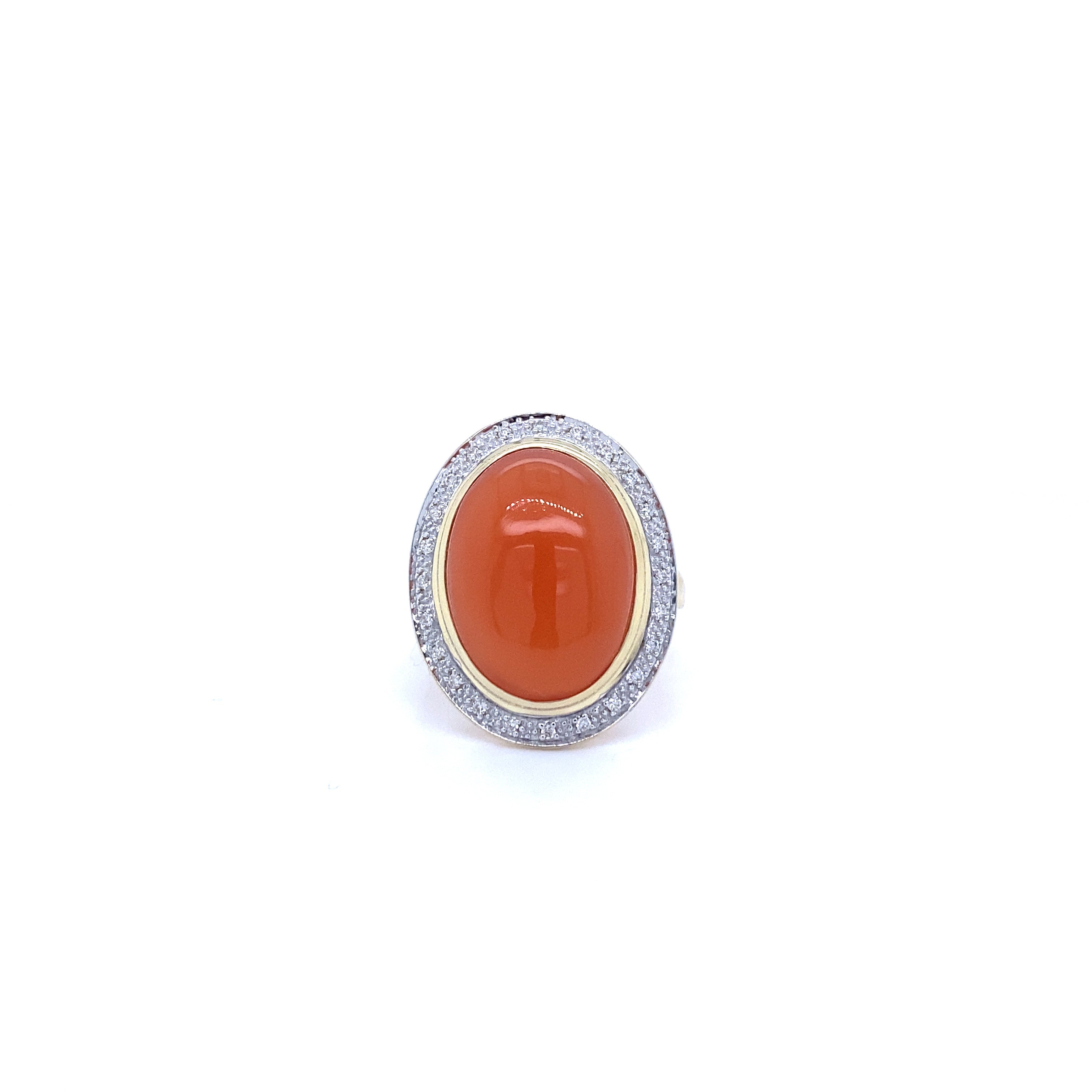 9ct yellow gold orange moonstone and diamond ring.