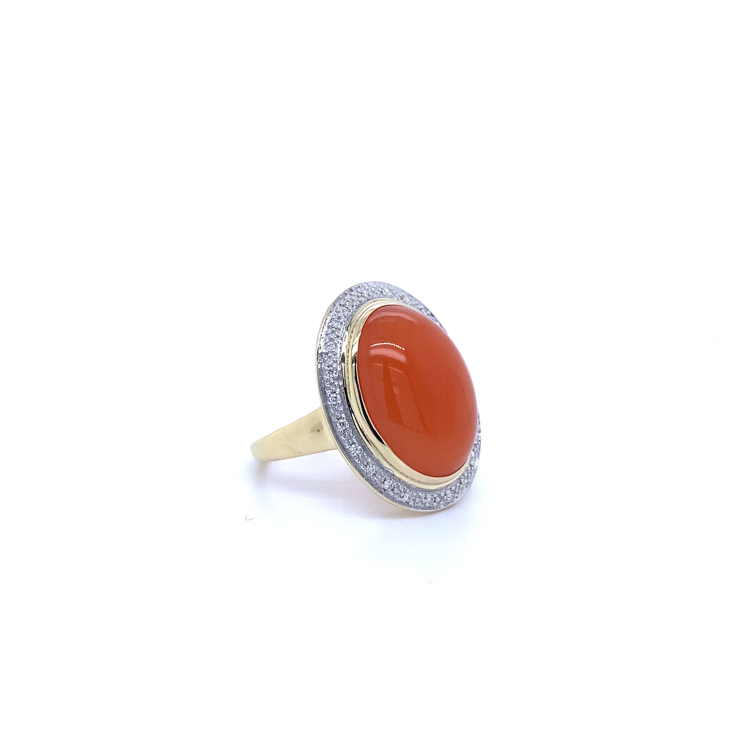 9ct yellow gold orange moonstone and diamond ring.