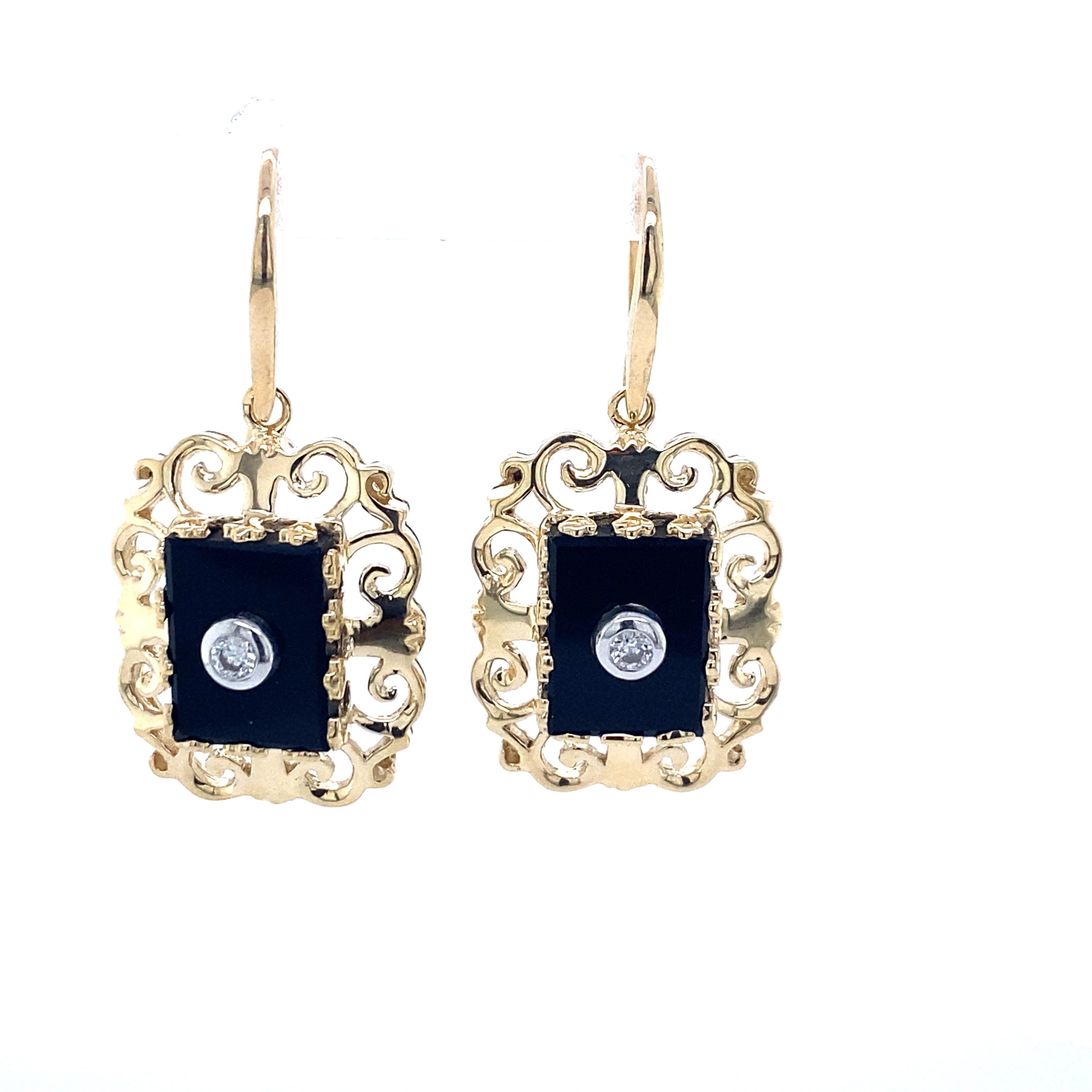 9ct yellow gold onyx and diamond earrings.