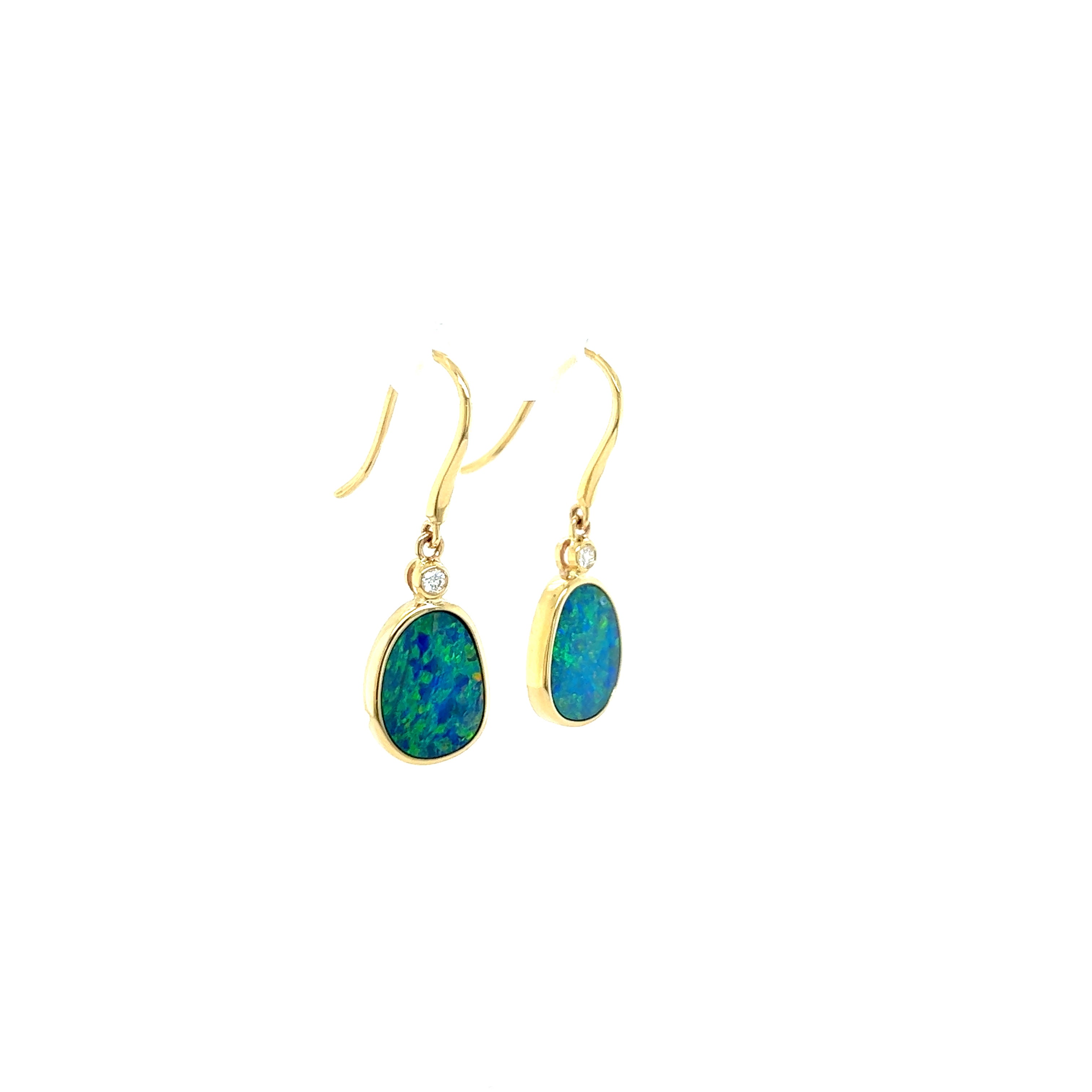 9ct yellow gold doublet opal and diamond earrings.