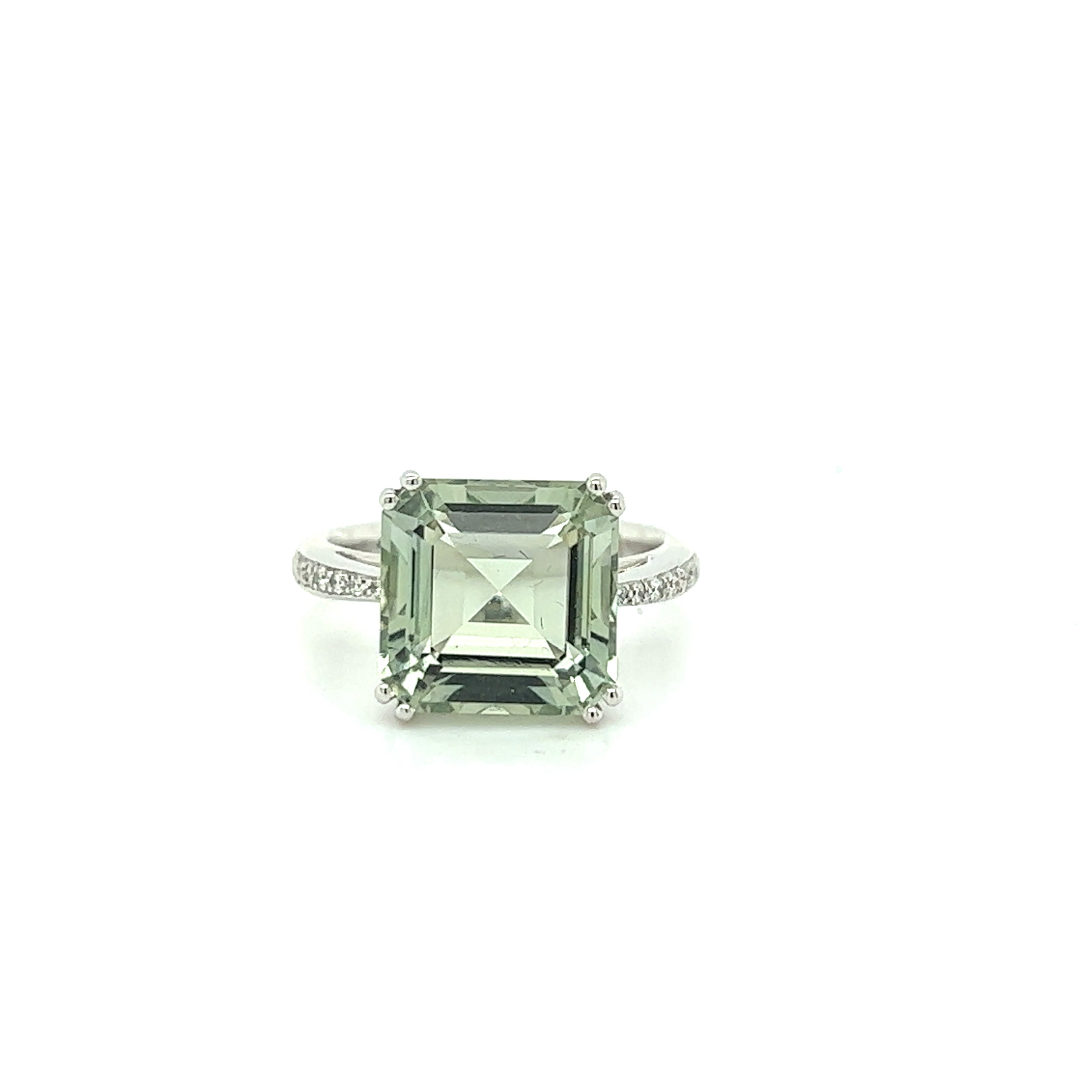 18ct white gold green quartz and diamond ring.