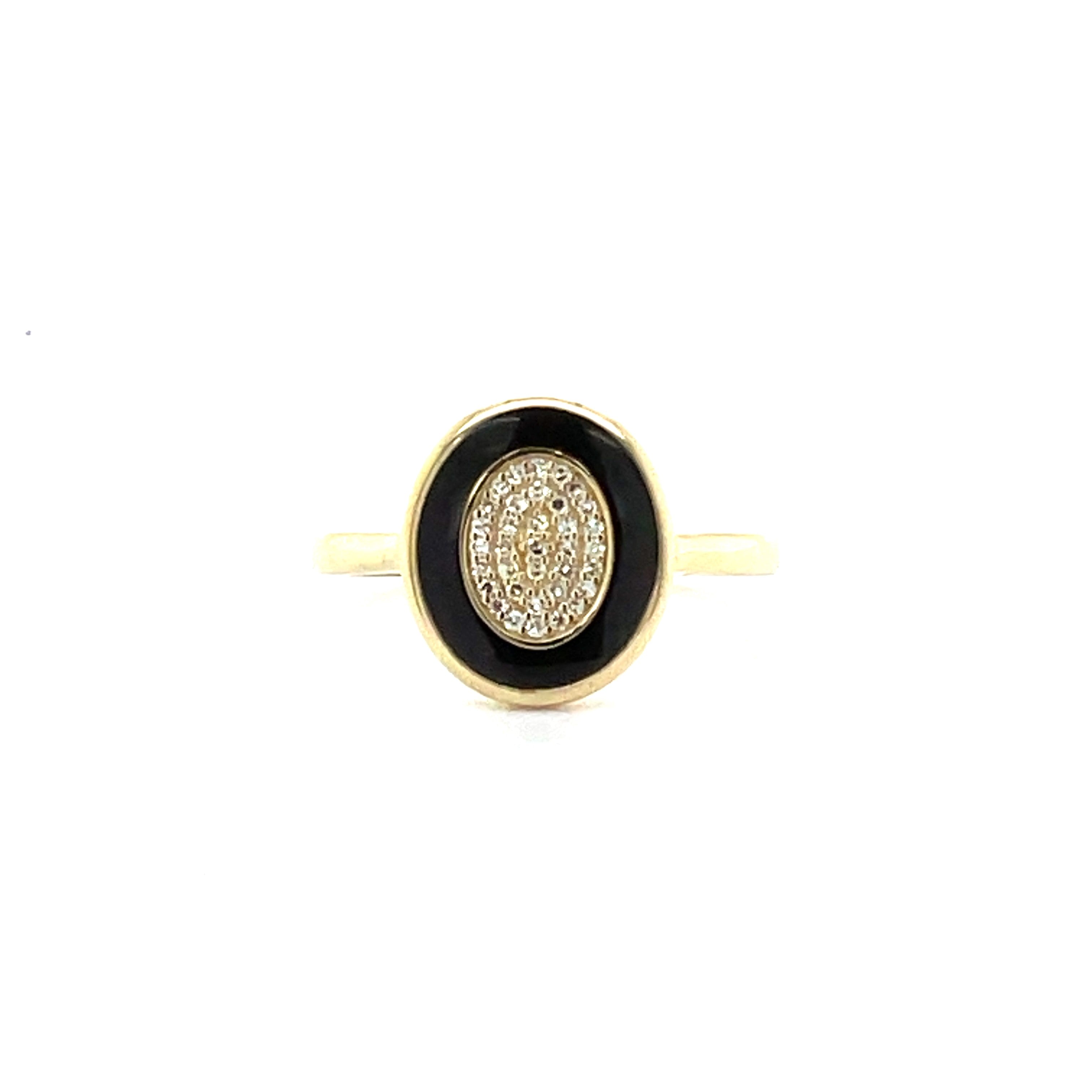 9ct Yellow Gold Black Enamel and Diamond Ring