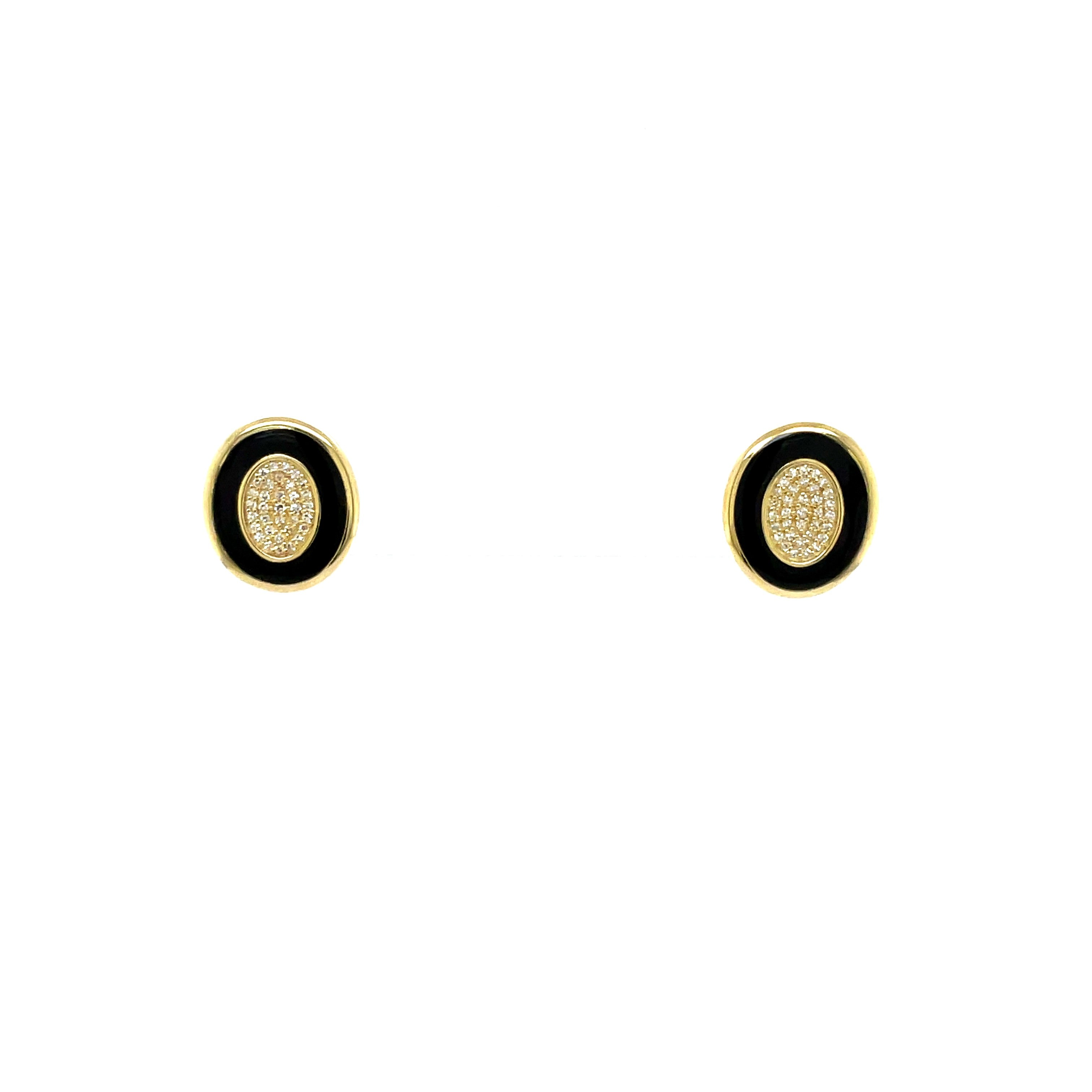 9ct Yellow Gold Black Enamel and Diamond Oval Stud Earrings