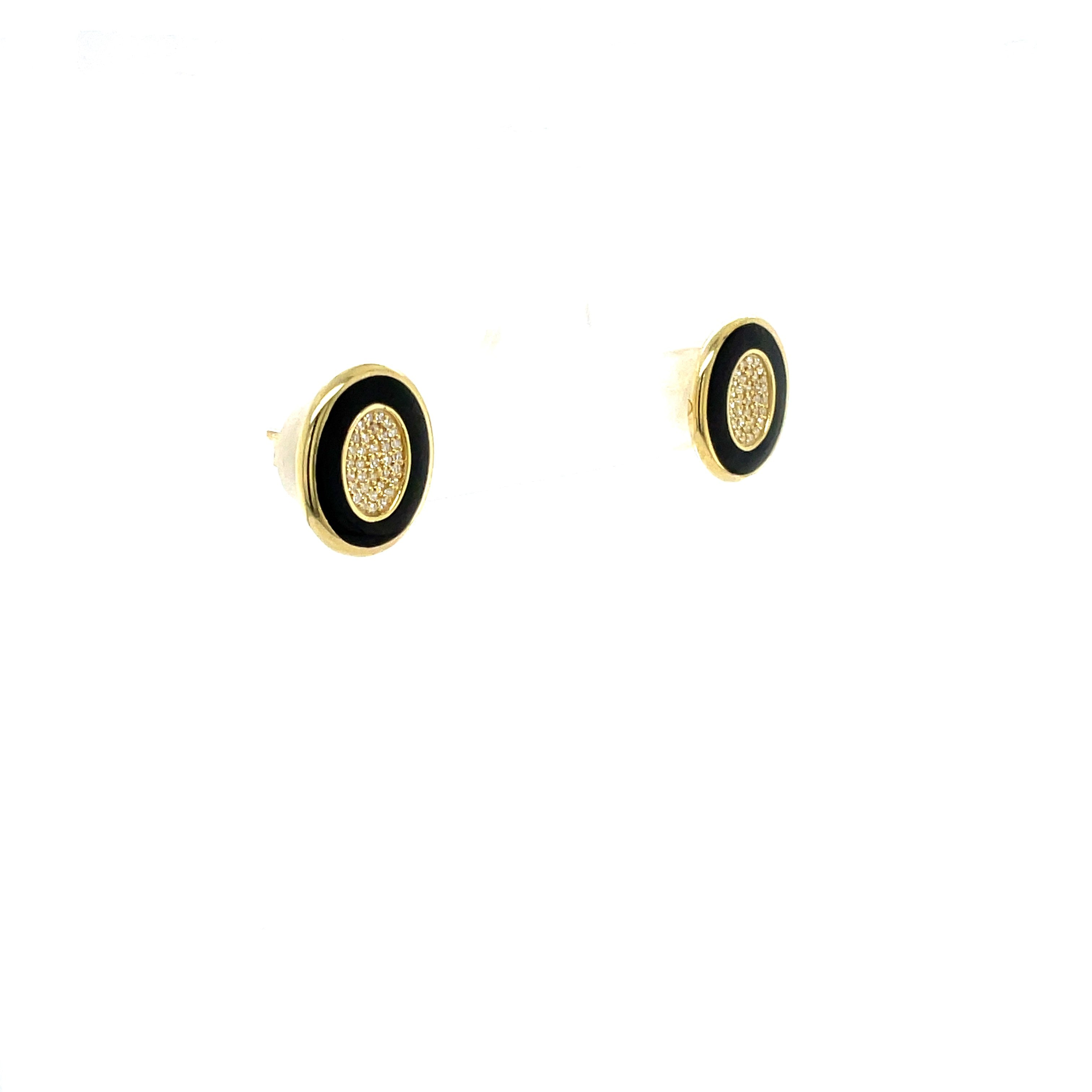 9ct Yellow Gold Black Enamel and Diamond Oval Stud Earrings